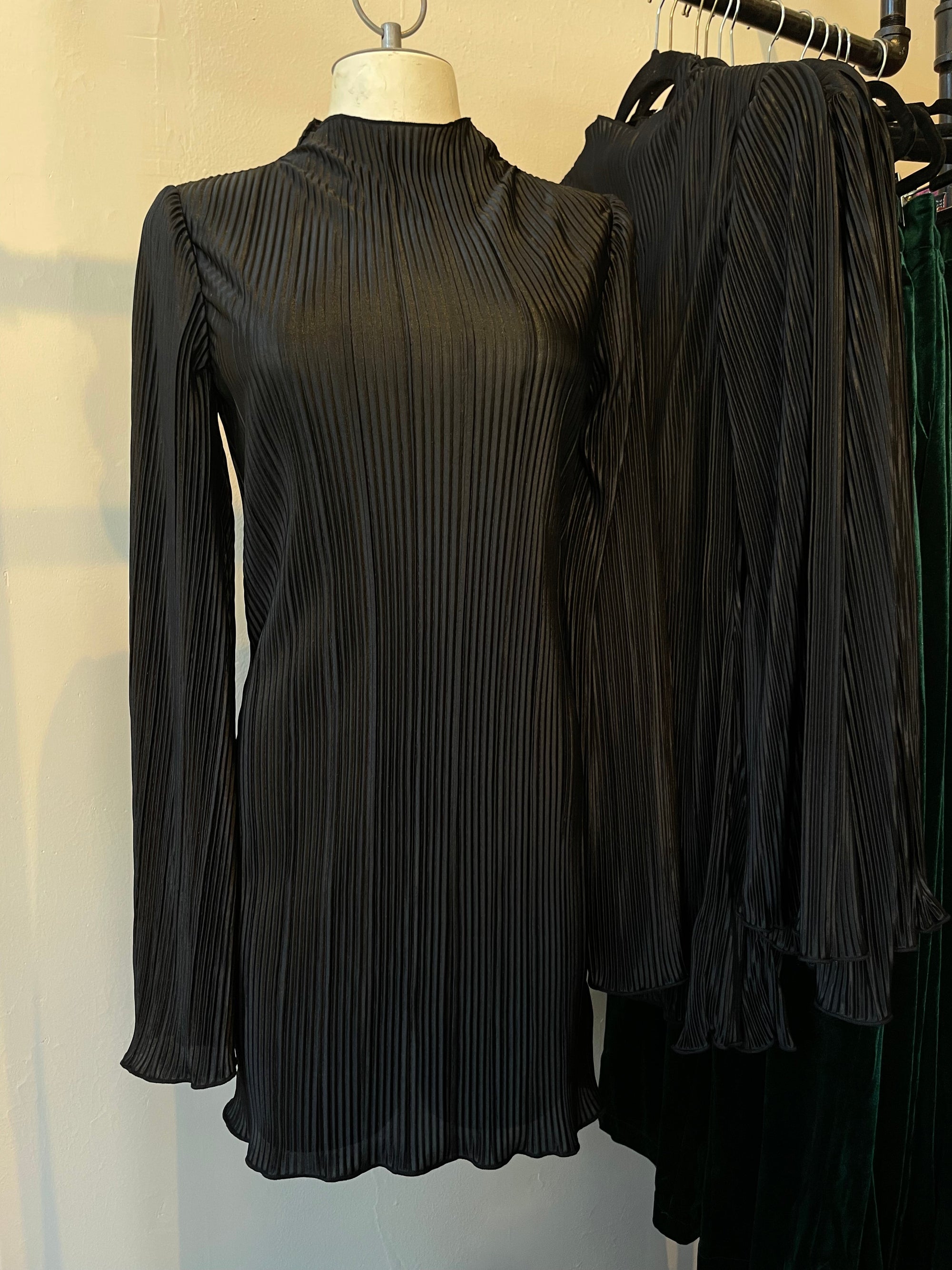 Black Mock Neck Bell Sleeve Pleated Satin Mini Dress The Humming Arrow Boutique 