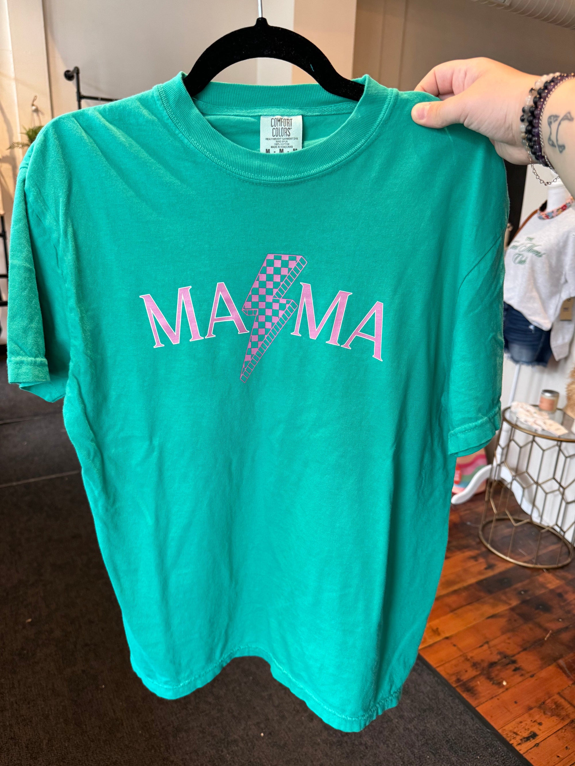 THA Exclusive Mama Checkered Lightning Bolt Graphic Tee Short sleeve The Humming Arrow Boutique 