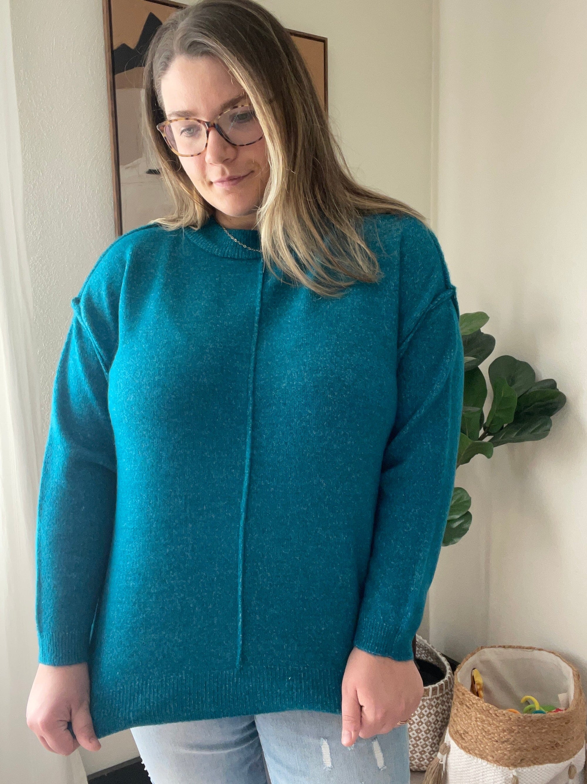 Heather Teal Exposed Seam Sweater Long sleeve Zenana 