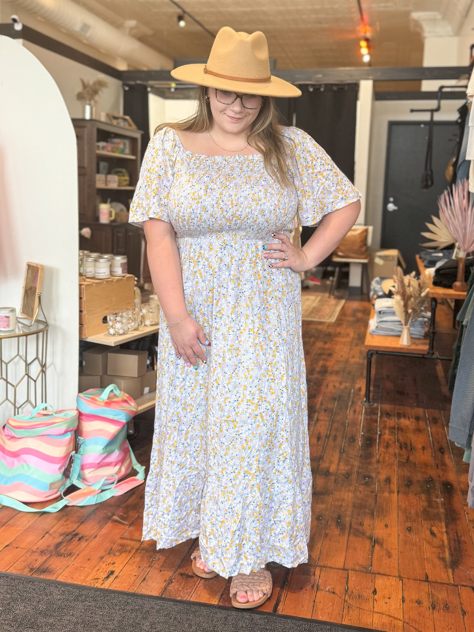 Powder Blue Floral Square Neck Smocked Curvy Midi Dress Dresses Heyson 