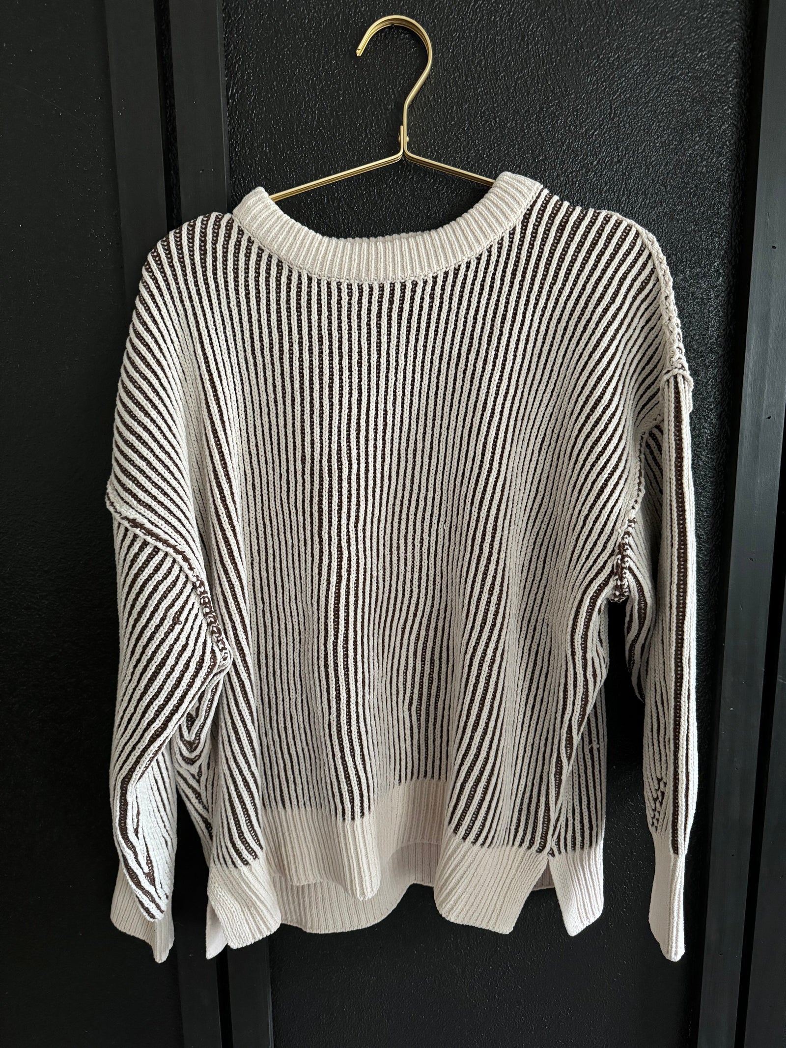 Brown and Cream Ribbed Long Sleeve Sweater Long sleeve Zenana 