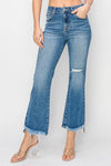 Risen Medium Wash High Rise Crop Flare Step Hem Jeans Bottoms Risen 