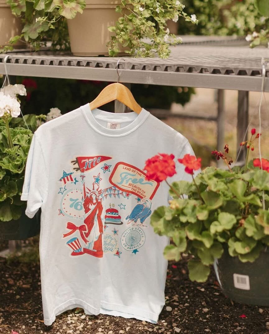 Patriotic Stickers Light Blue Graphic Tee Short sleeve Chaudoin Creations 