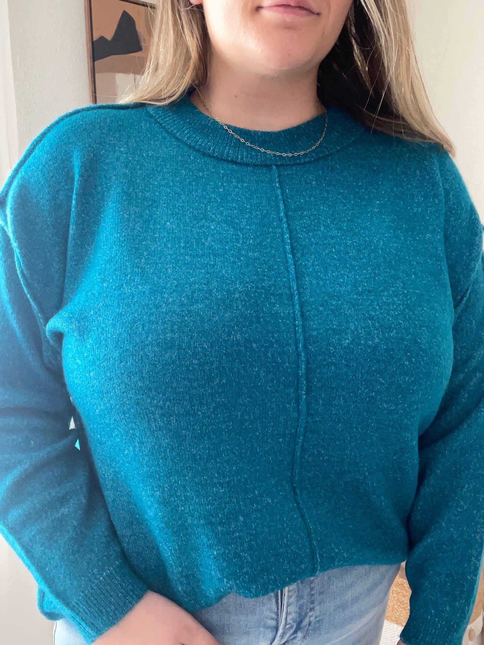 Heather Teal Exposed Seam Sweater Long sleeve Zenana 