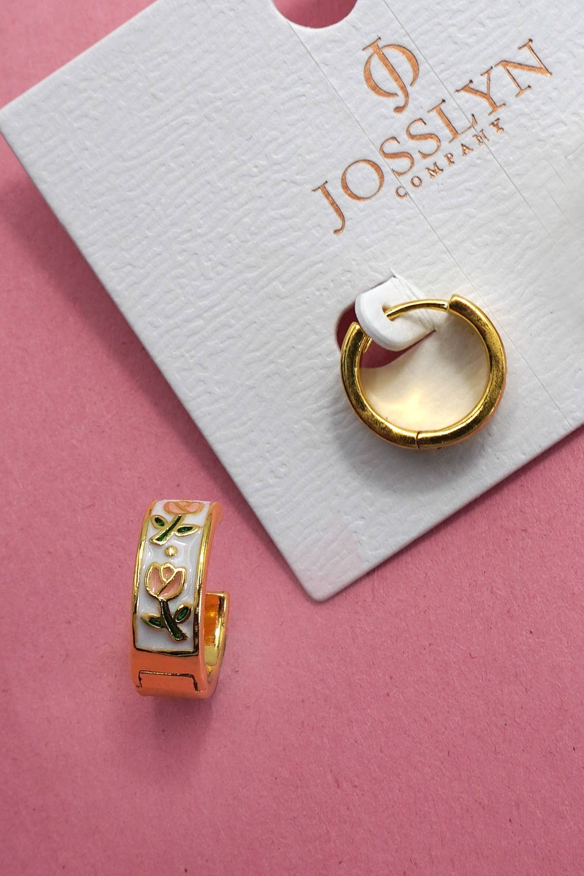 VINTAGE CLOISONNE FLORAL HUGGIE HOOP EARRINGS | 40E357: GOLD JOSSLYN by wall to wall 