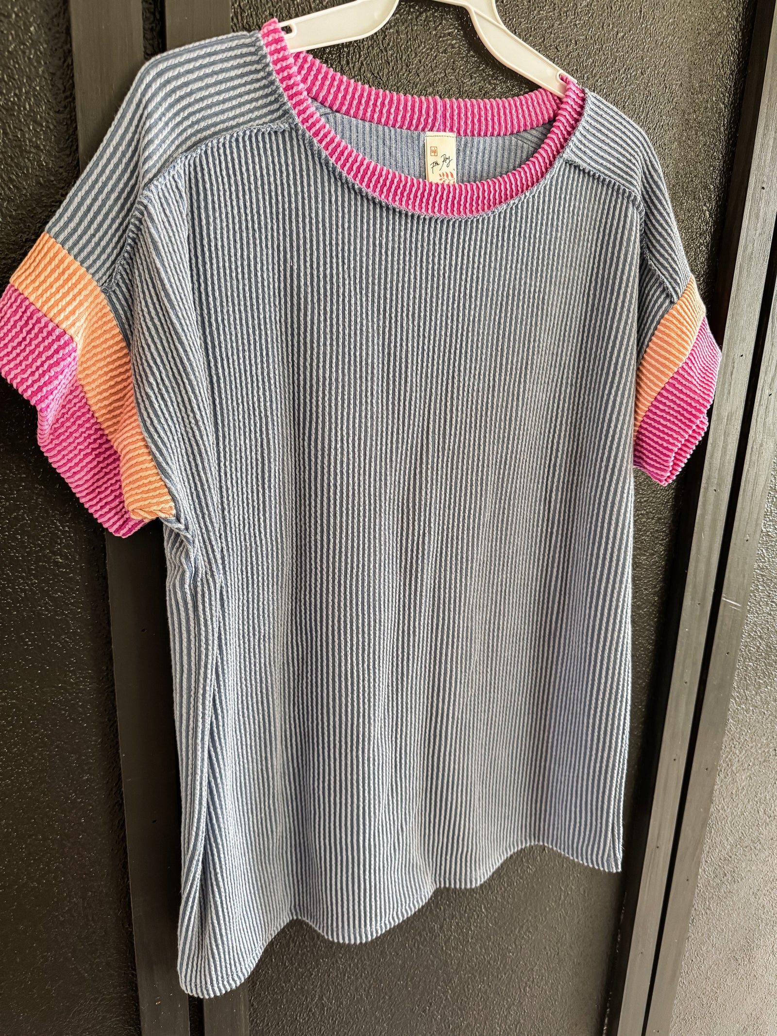 Denim Blue Ribbed Color Block Contrast Short Sleeve Tee up to Plus Short sleeve 7th Ray 