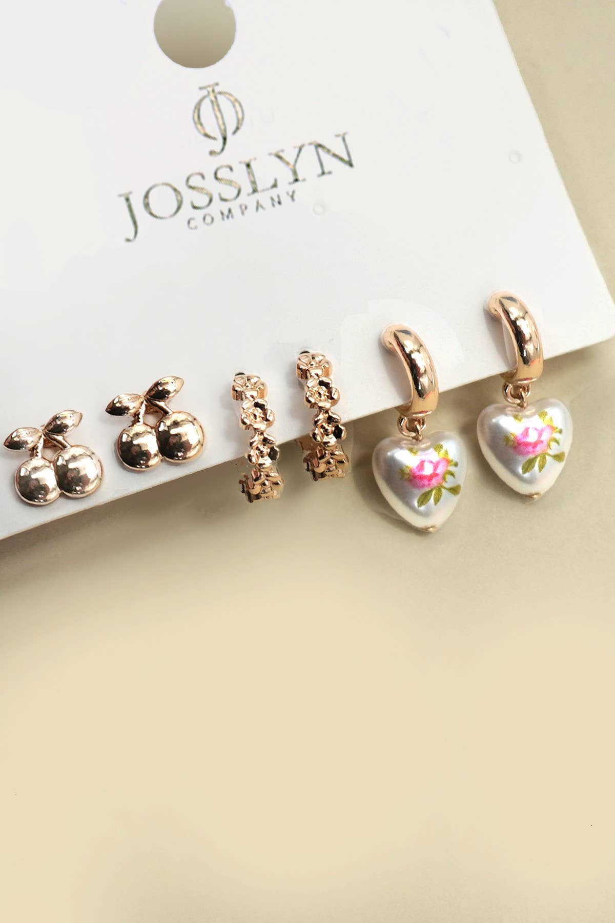 CHERRY FLORAL HOOP HEART HUGGIE TRIO EARRINGS | 80E6970: GOLD JOSSLYN by wall to wall 