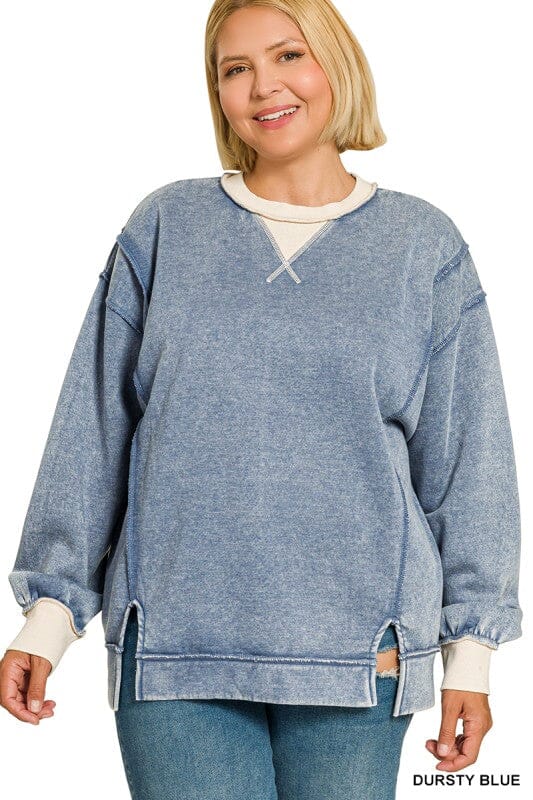 Dusty Blue Mineral Wash Contrast Hem Sweatshirt Zenana 