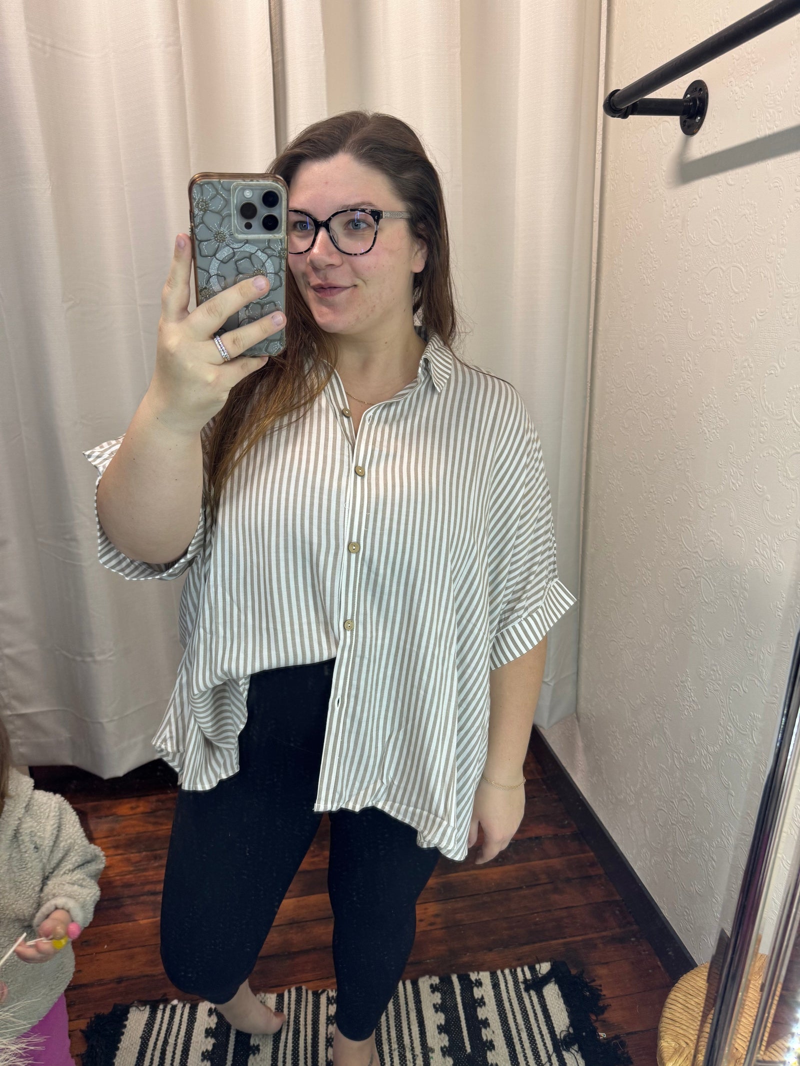 Taupe Oversized Stripe Short Sleeve Button up Top Short sleeve Zenana 