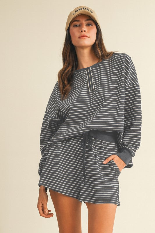 Charcoal Grey and White Striped Matching Shorts Set