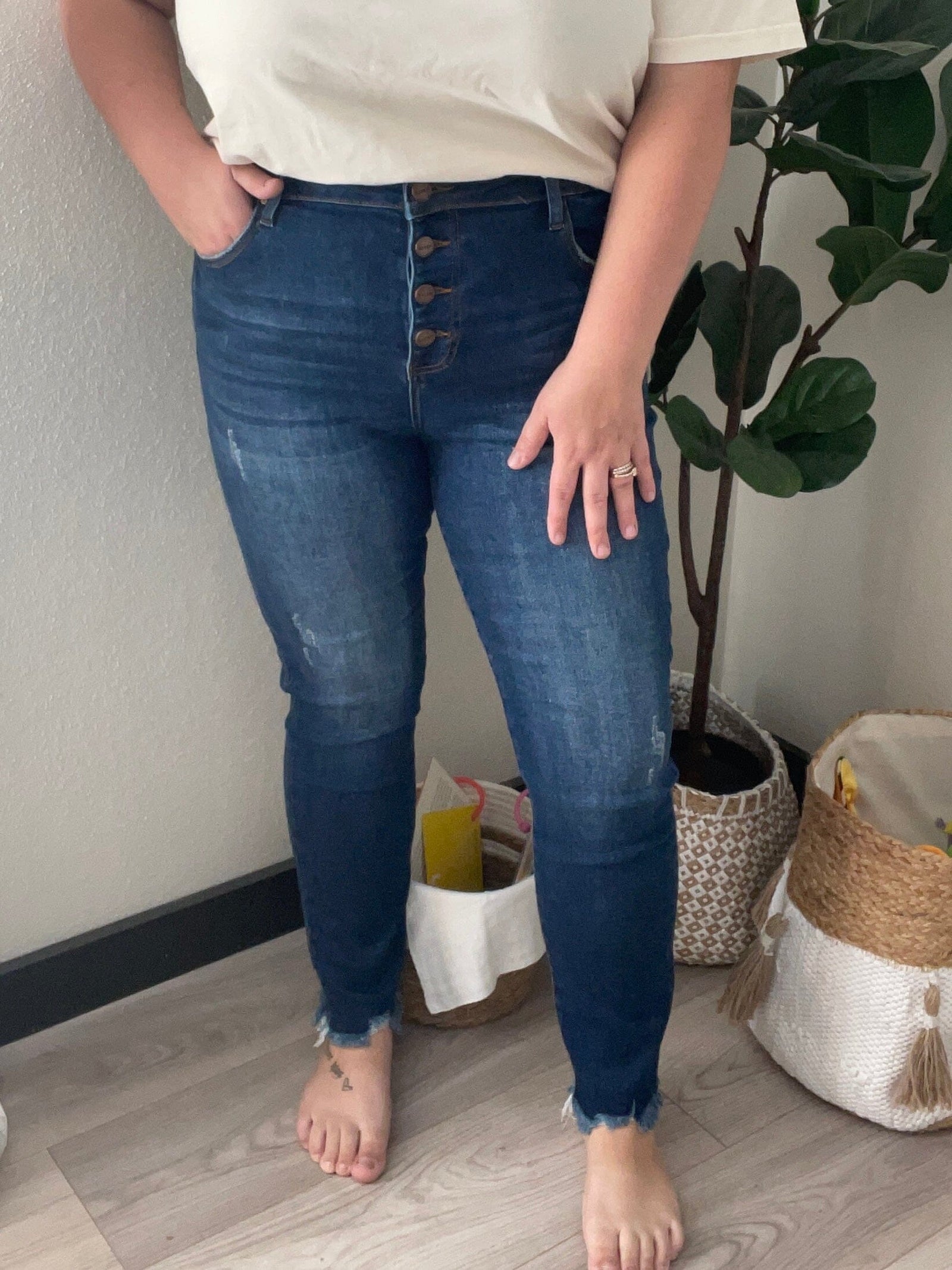 Risen Mid Rise Button Fly Raw Hem Skinny Jeans Bottoms Risen 