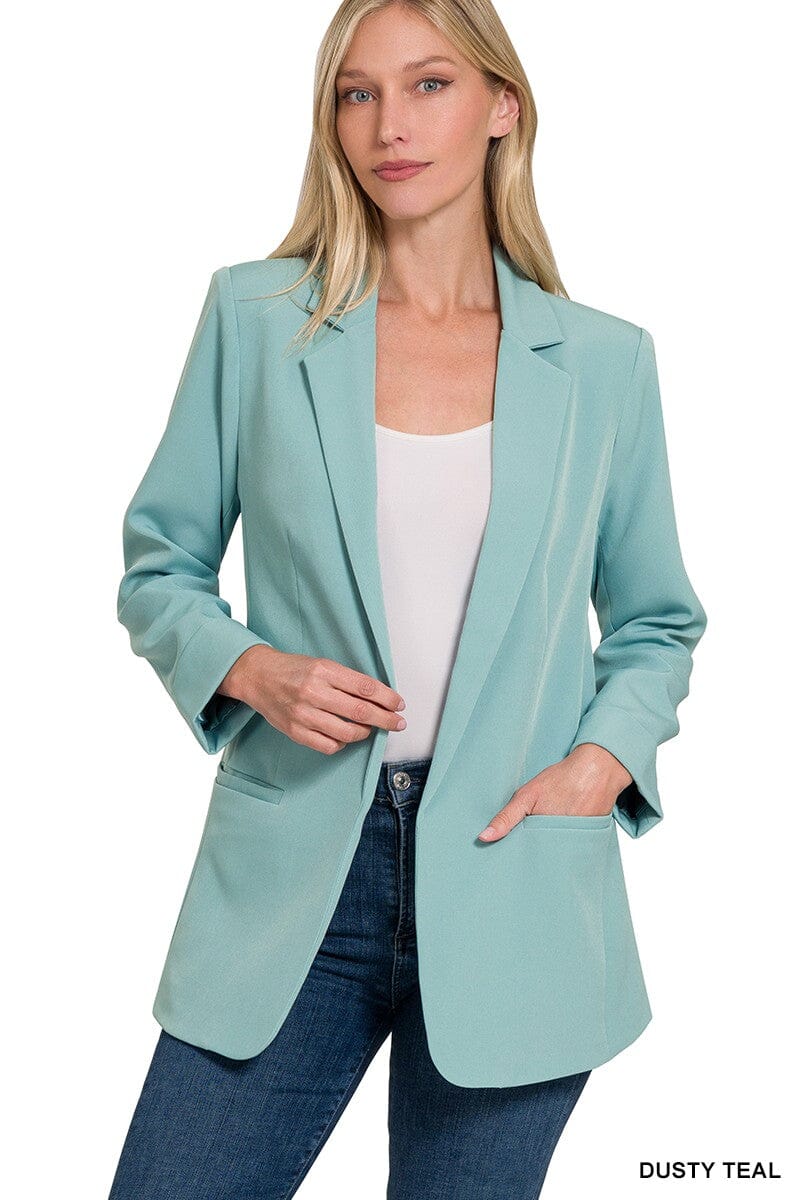 Dusty Teal Long Sleeve Open Front Classic Blazer Cardigan Zenana 
