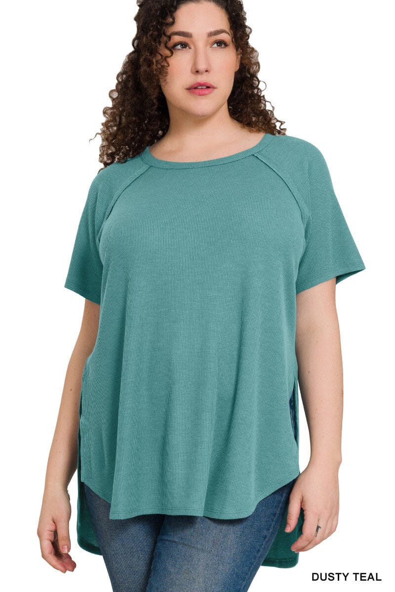 Dusty Teal Split Hem Baby Waffle Knit Curvy Top Short sleeve Zenana 