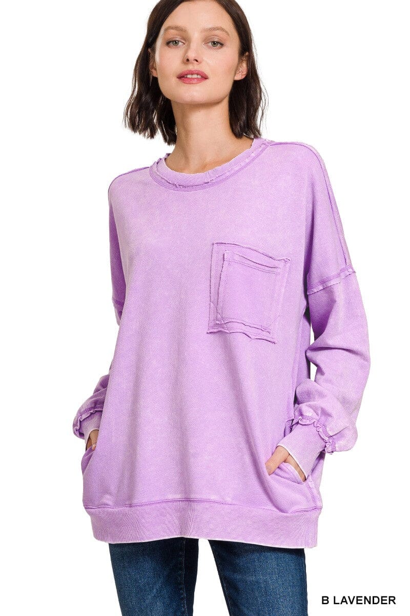Bright Lavender French Terry Acid Wash Pocket Sweatshirt Long sleeve Zenana 