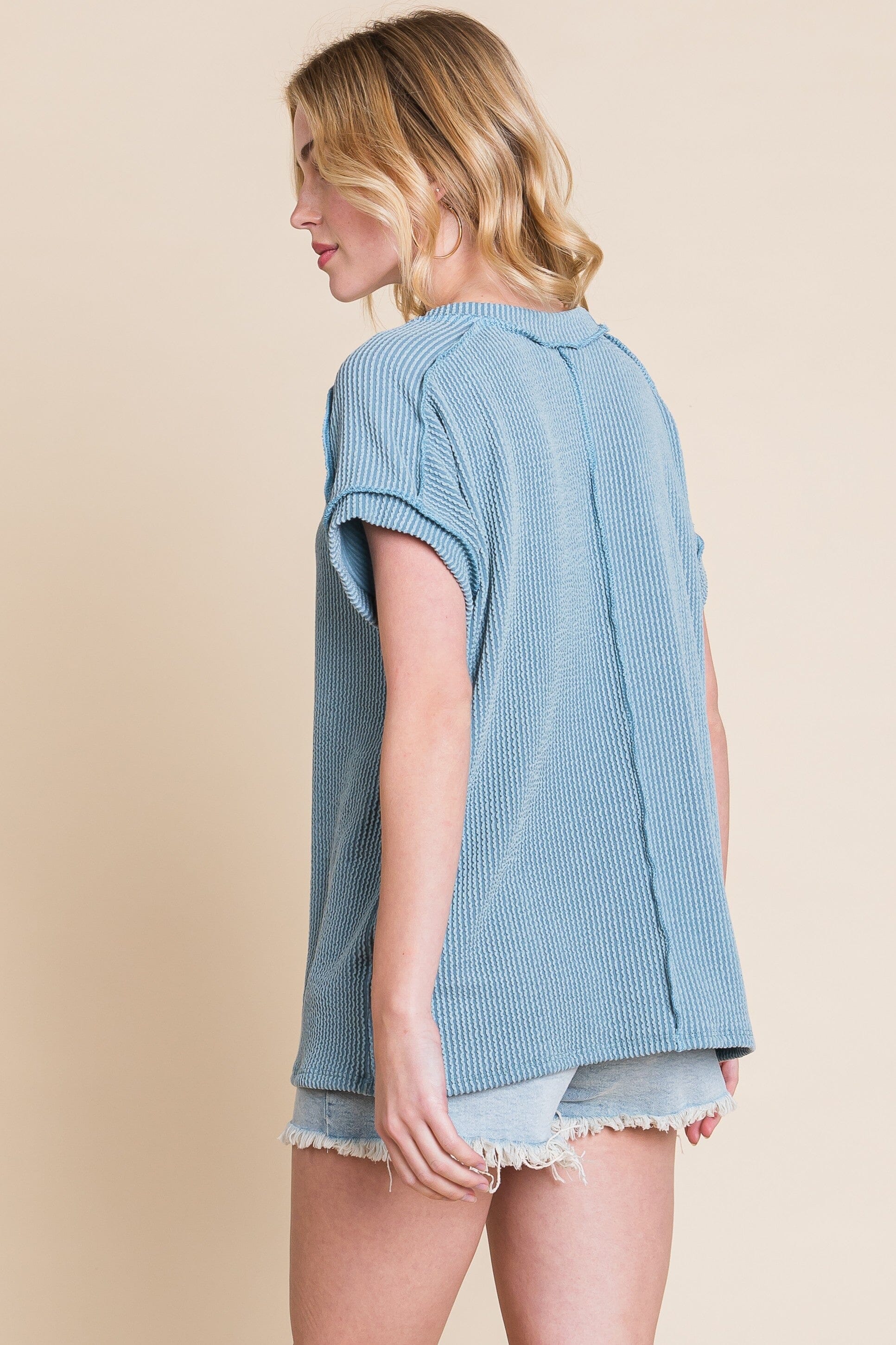 Blue Rib Knit Short Sleeve Top Short sleeve Bom Bom 