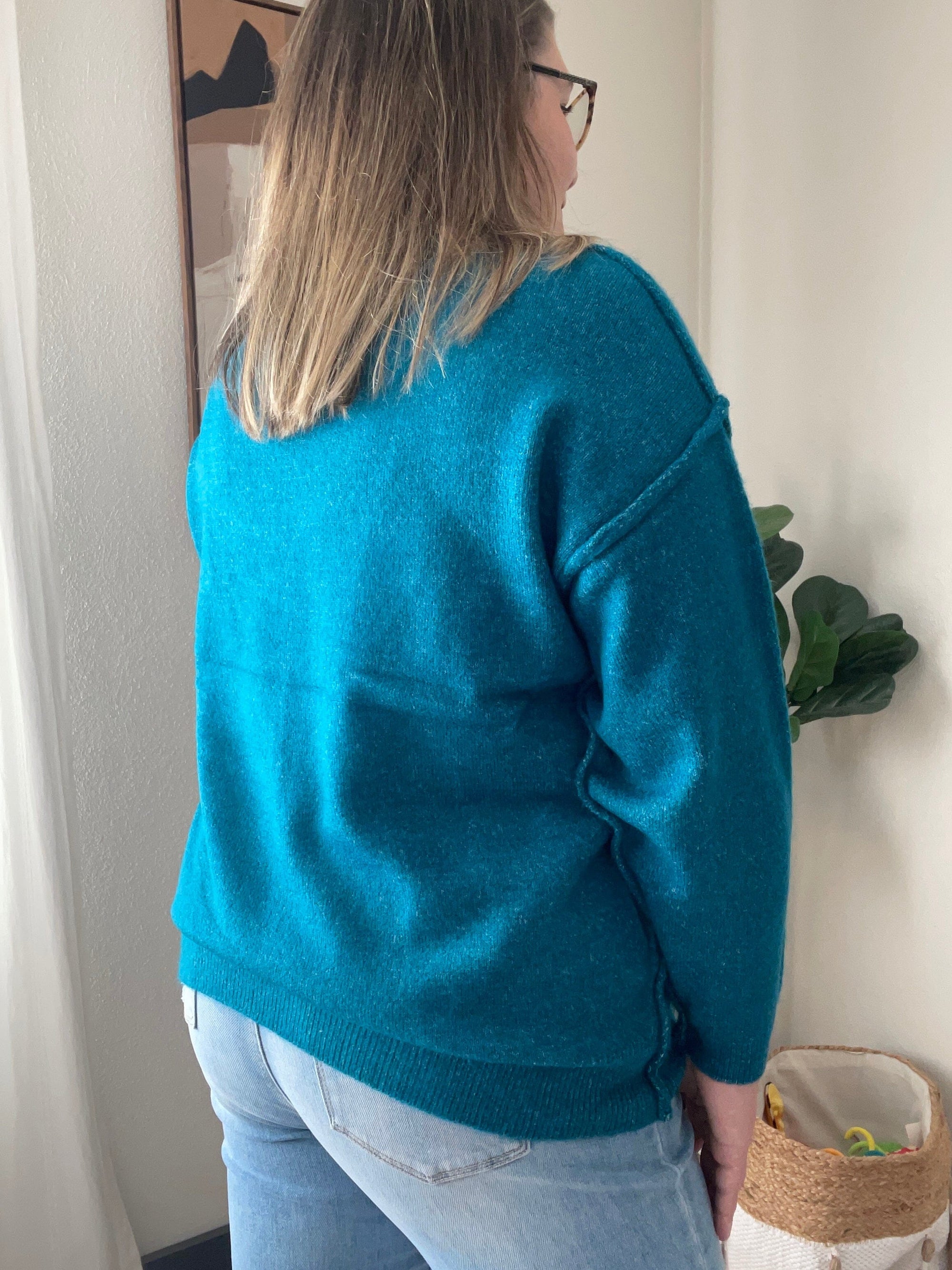 Heather Teal Exposed Seam Sweater Long sleeve Zenana 