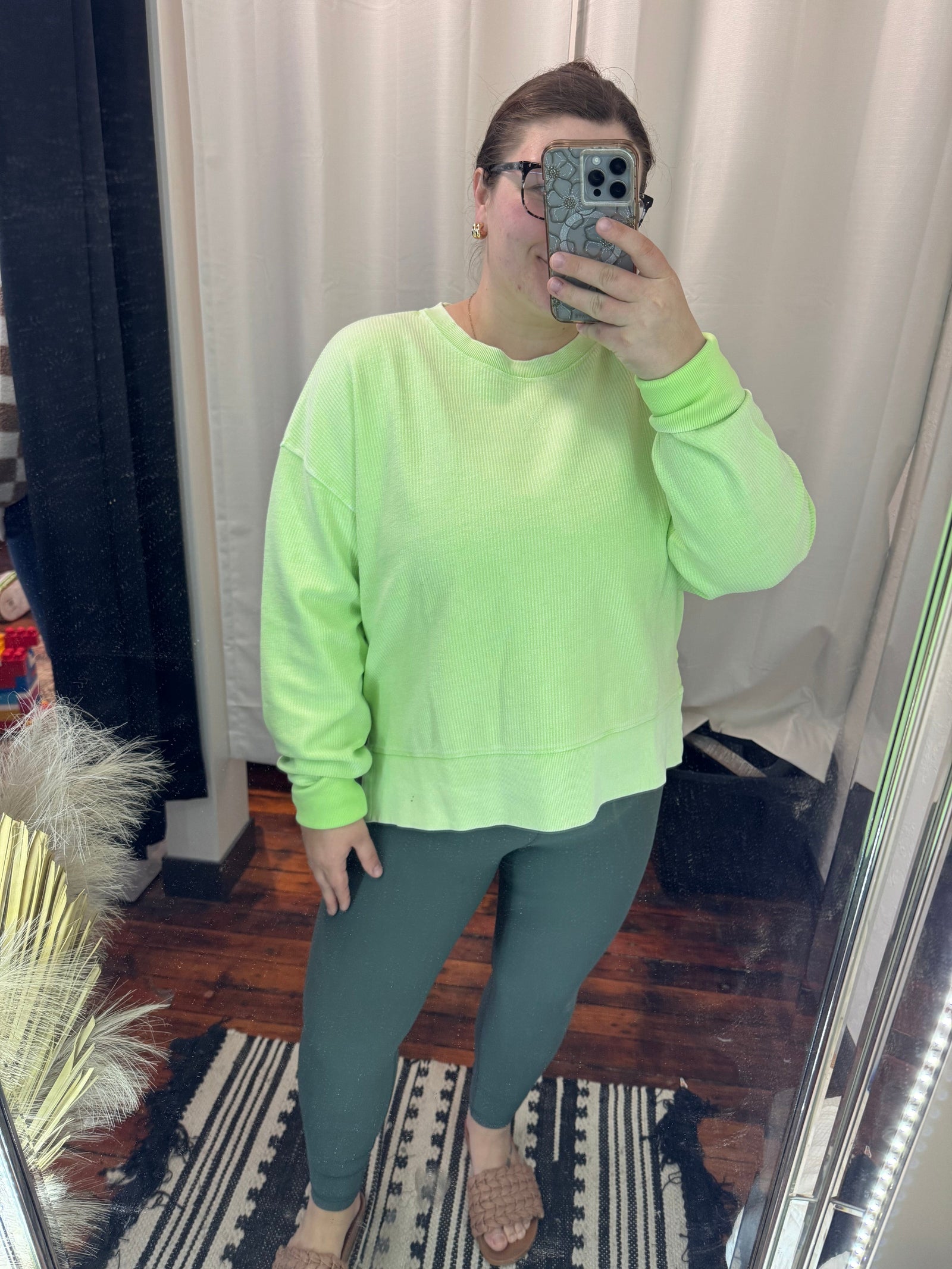 Summer Green Split Hem Corded Crew Long sleeve moon Ryder 