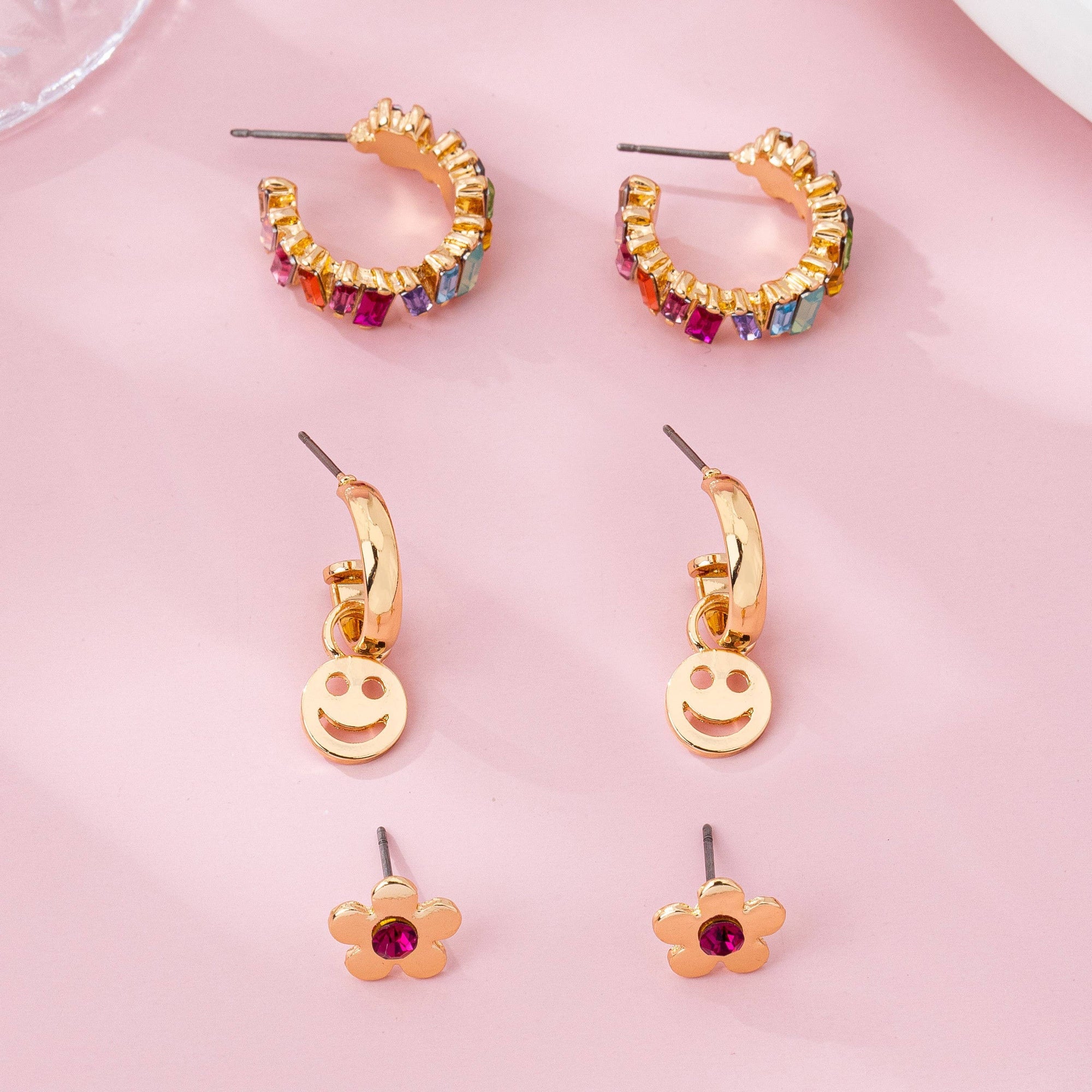 Rainbow Crystal, Smiley, and Floral Trio Earrings | 80E62109: Gold JOSSLYN by wall to wall 