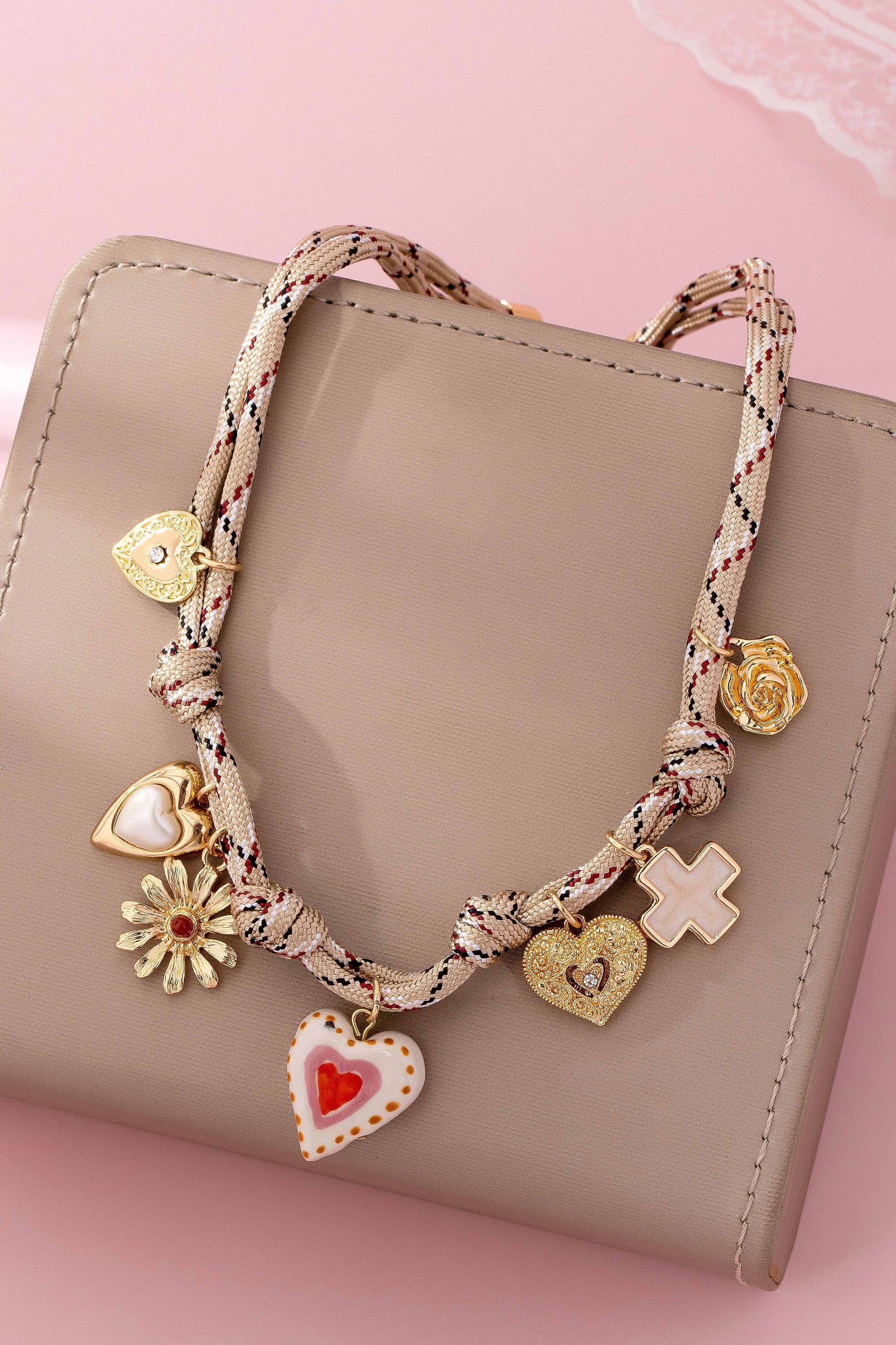 Ivory &amp; Red cord Multi-Charm Boho Necklace | 80N92742: GOLD JOSSLYN by wall to wall 