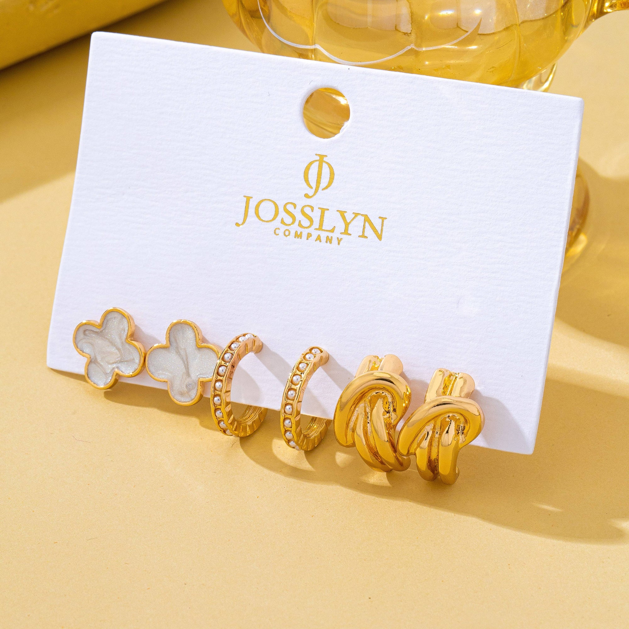 Gold-Tone Clover Pearl Huggie Hoop Earring Trio Set|80E62320: Gold JOSSLYN by wall to wall 