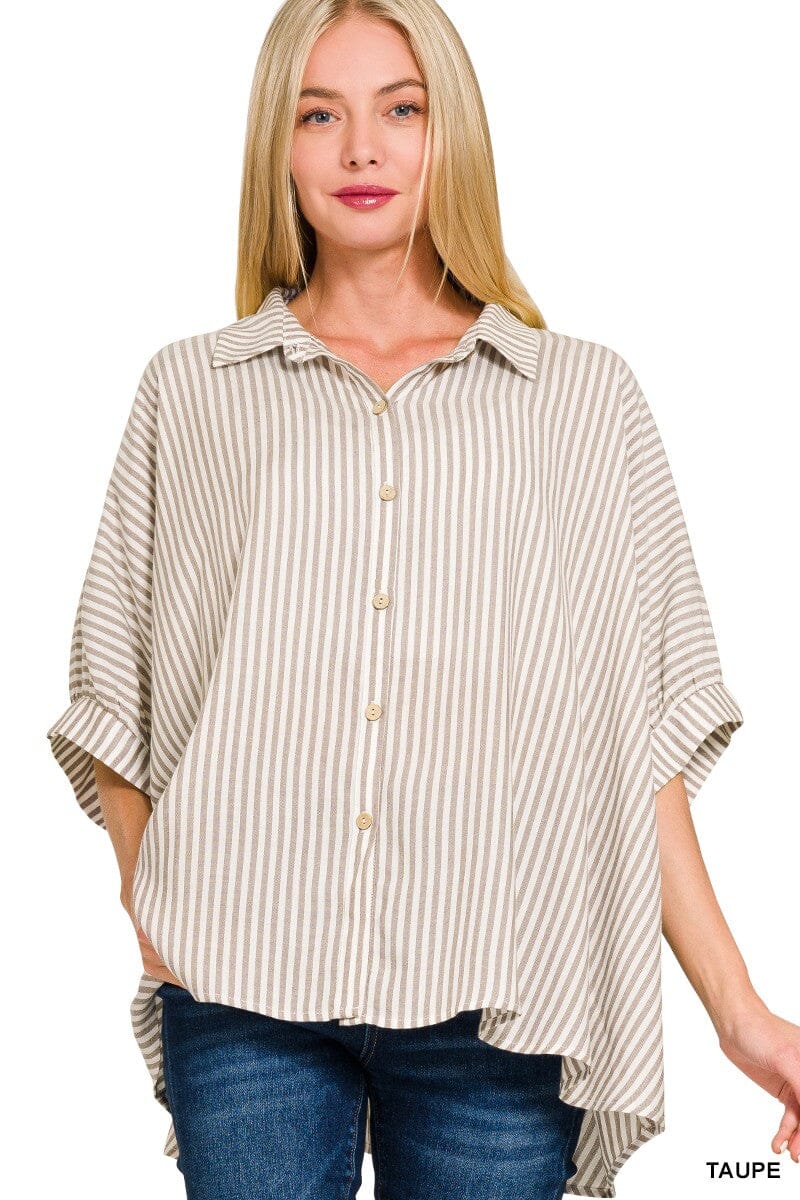 Taupe Oversized Stripe Short Sleeve Button up Top Short sleeve Zenana 