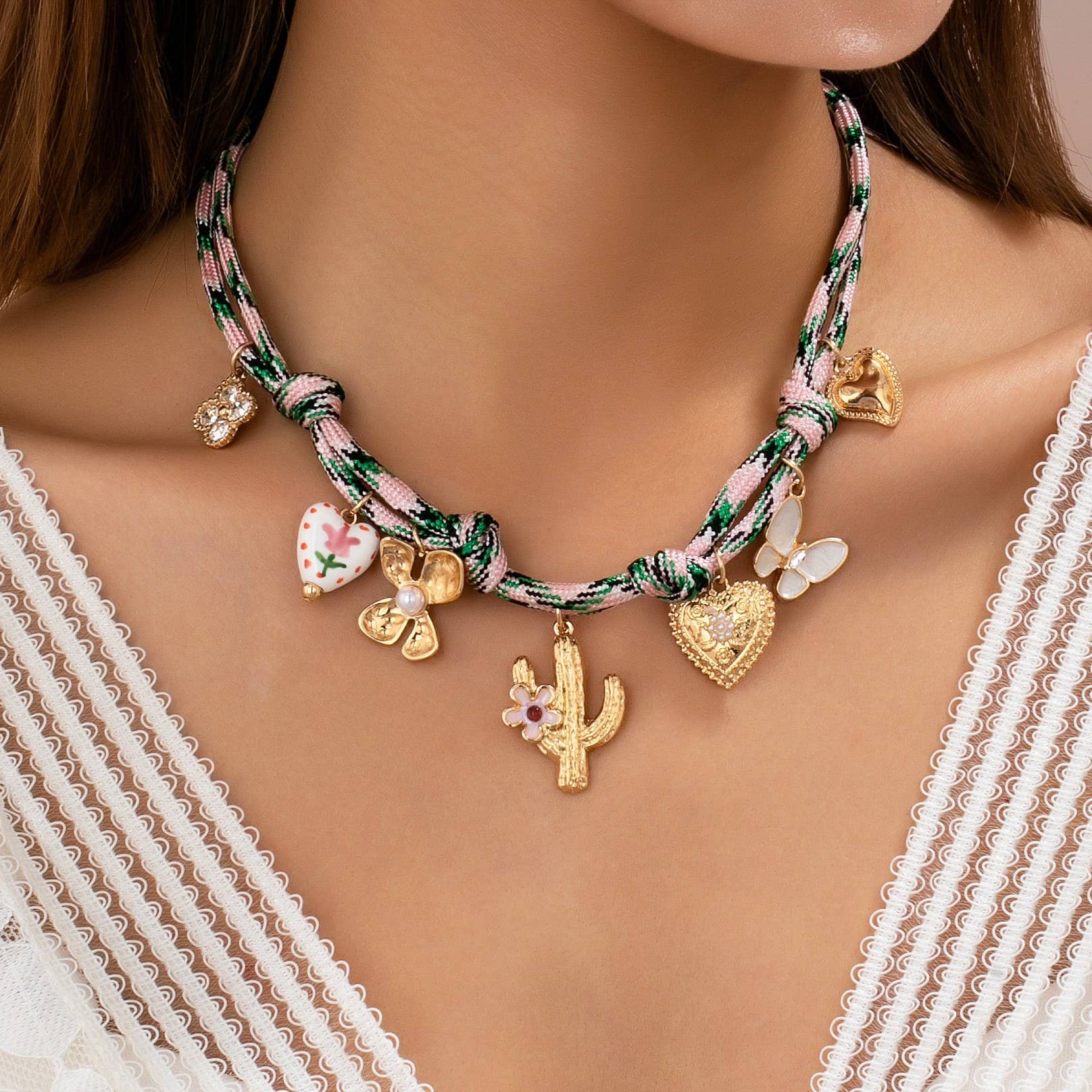 Pink Cord Charm Necklace - Bohemian Multi-Charm | 80N92743: GOLD JOSSLYN by wall to wall 