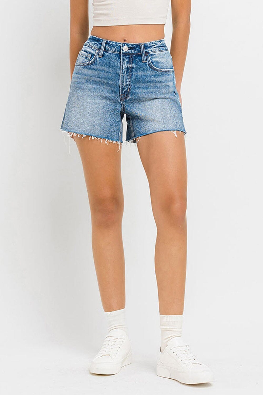 Medium Wash Vervet A Line High Rise Stretch Denim Shorts Bottoms vervet 