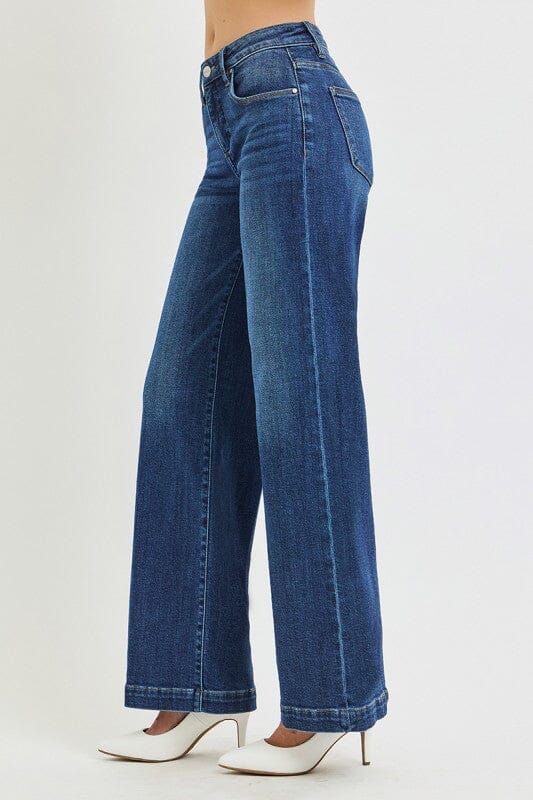 Risen Tummy Control Mid Rise Wide Leg Dark Wash Jeans Bottoms Risen 