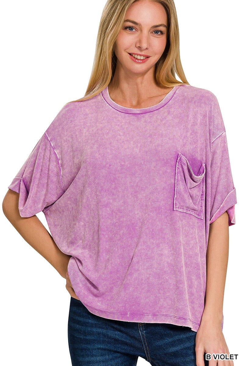 Bright Violet Ribbed Cuffed Short Sleeve Round Neck Pocket Tee Short sleeve Zenana 