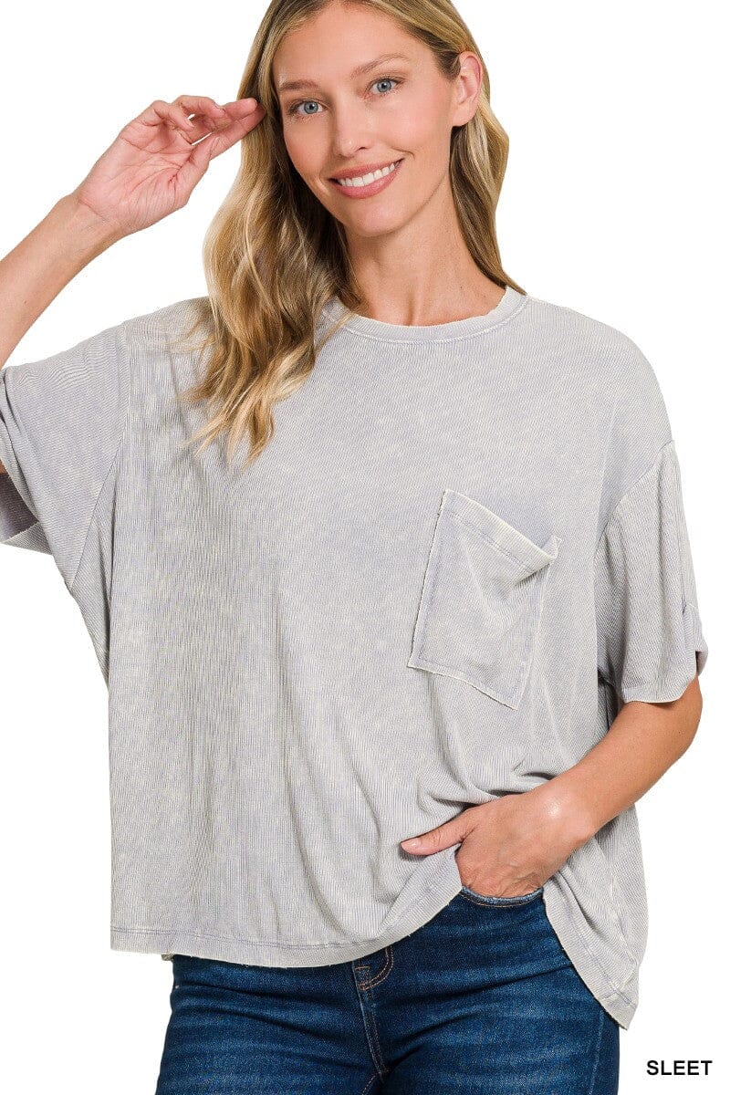 Grey Ribbed Cuffed Short Sleeve Round Neck Pocket Tee Short sleeve Zenana 