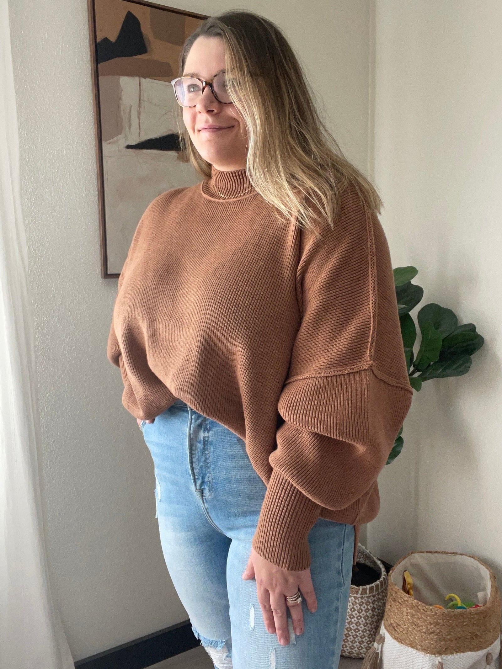 Deep Camel Oversized Side Slit Sweater Long sleeve Zenana 