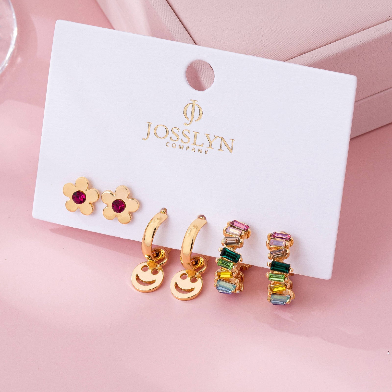 Rainbow Crystal, Smiley, and Floral Trio Earrings | 80E62109: Gold JOSSLYN by wall to wall 