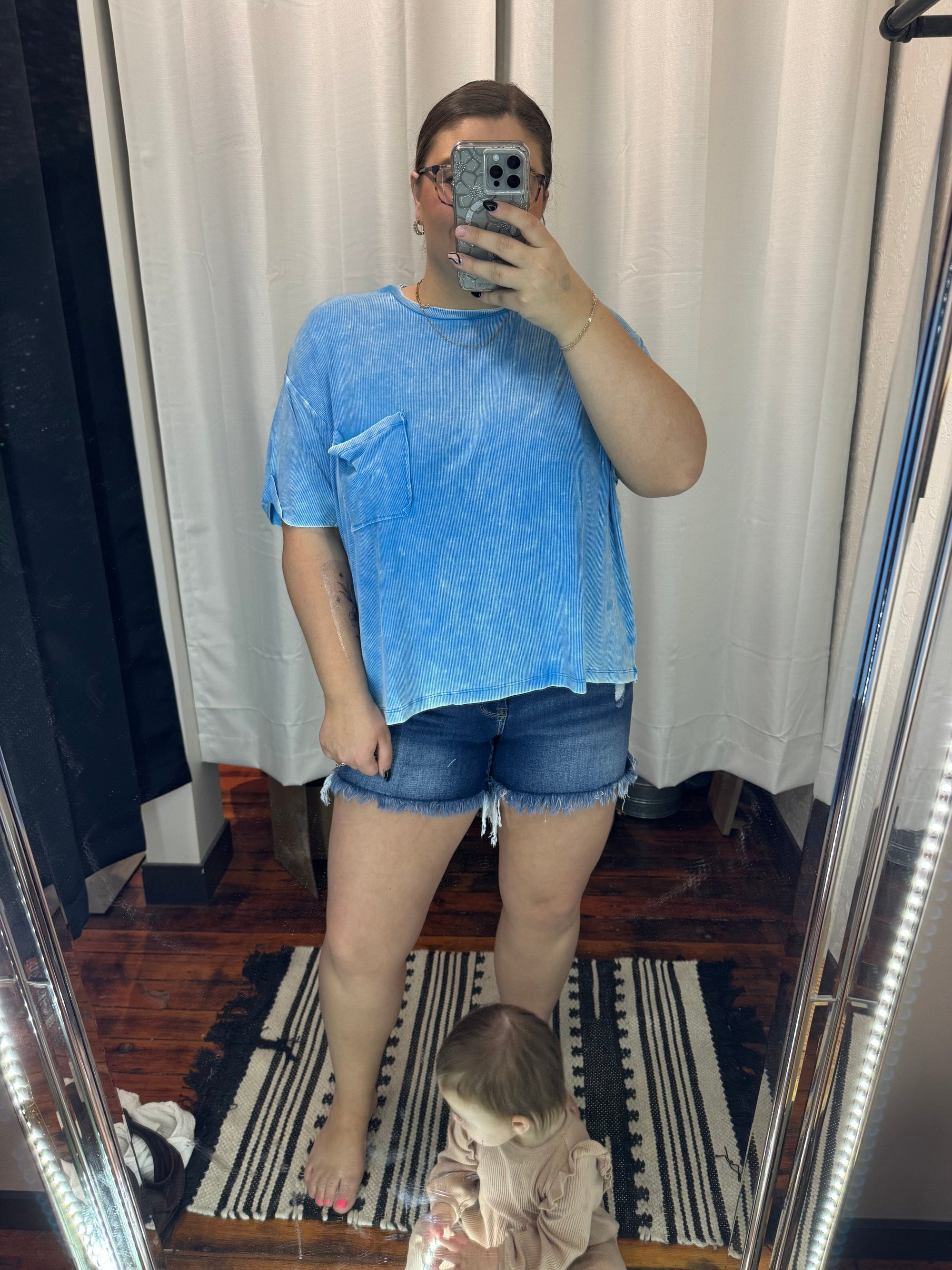 Deep Sky Acid Wash Ribbed Oversized Pocket Tee Summer Tanks Zenana 
