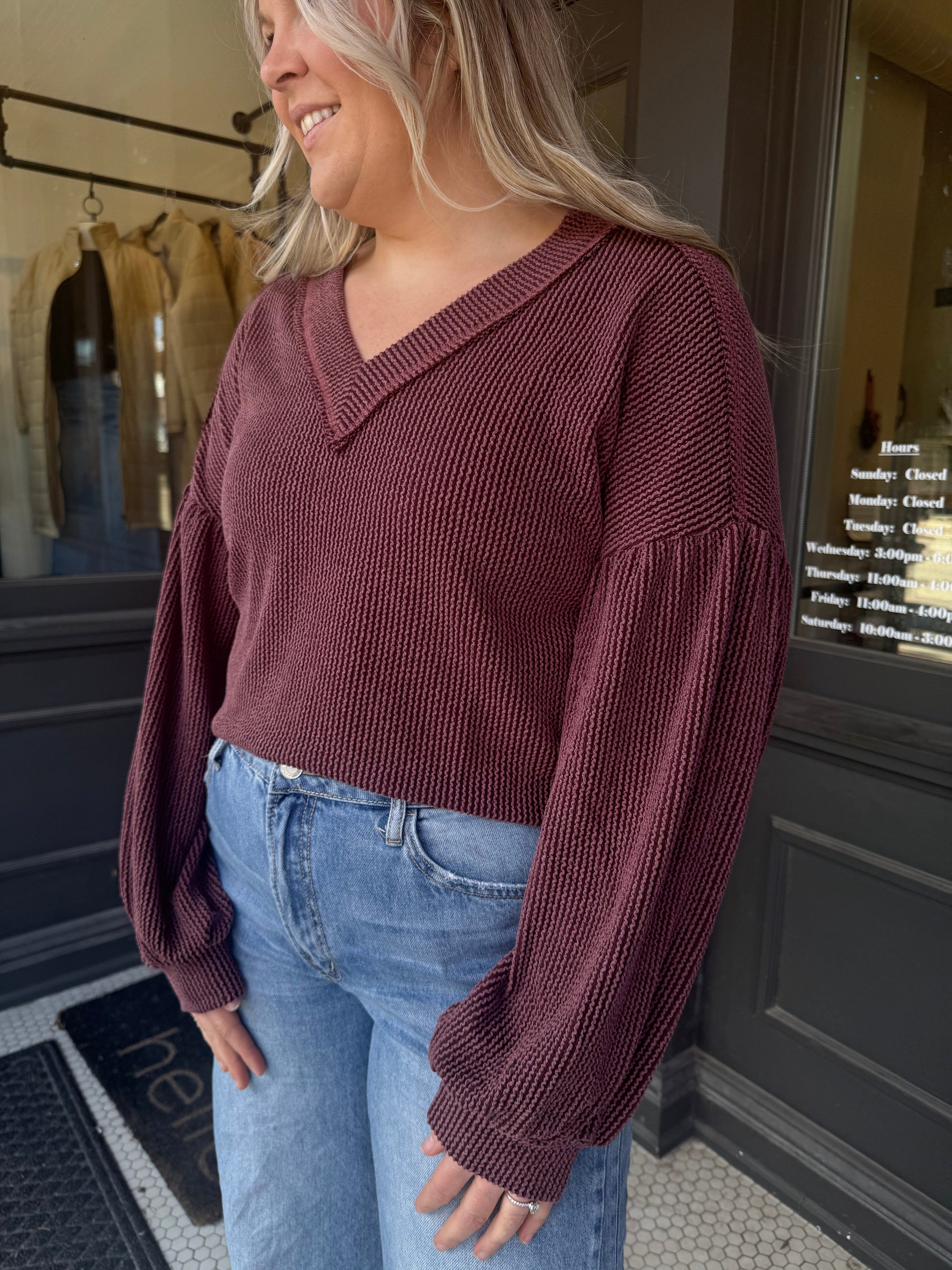 Wine Ribbed V Neck Oversized Knit Top Long sleeve Very J 