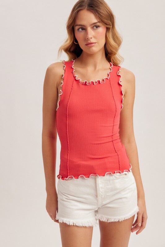 Tomato Red Lettuce Hem Fitted Tank Top Summer Tanks Hem &amp; Thread 