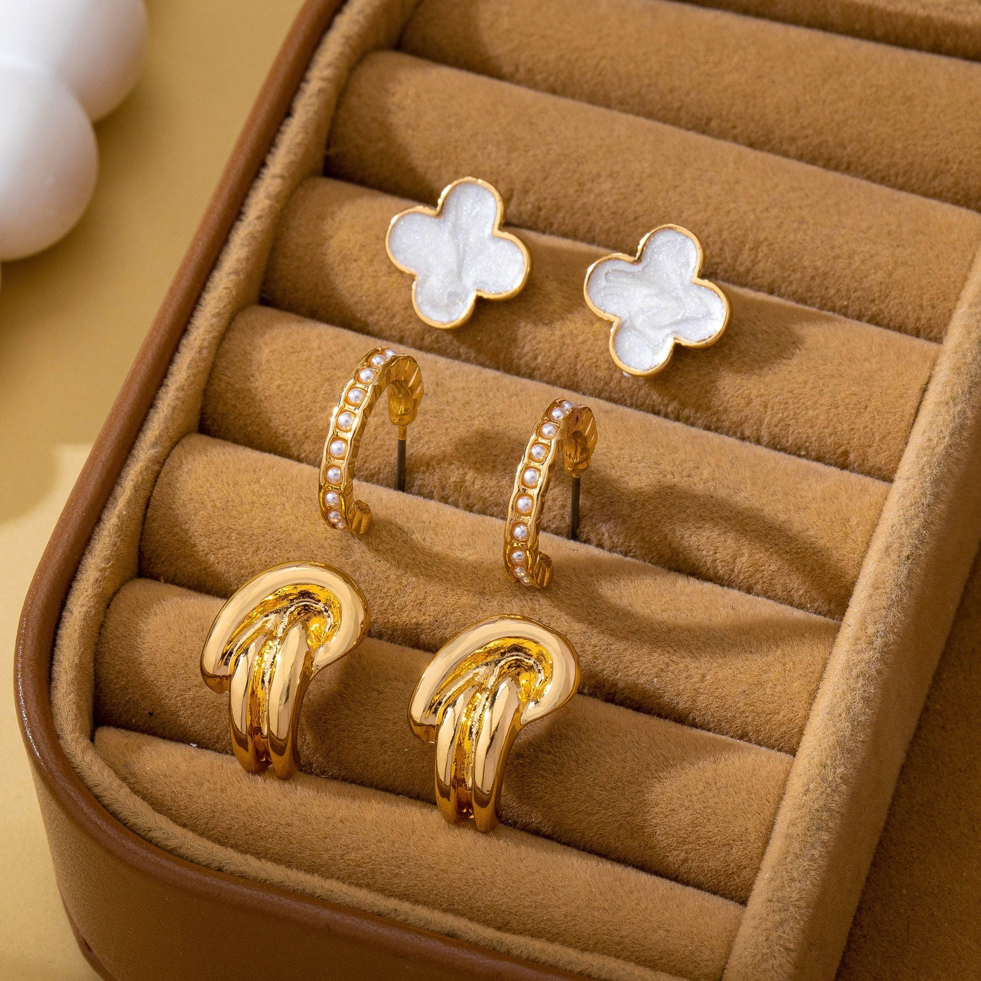 Gold-Tone Clover Pearl Huggie Hoop Earring Trio Set|80E62320: Gold JOSSLYN by wall to wall 