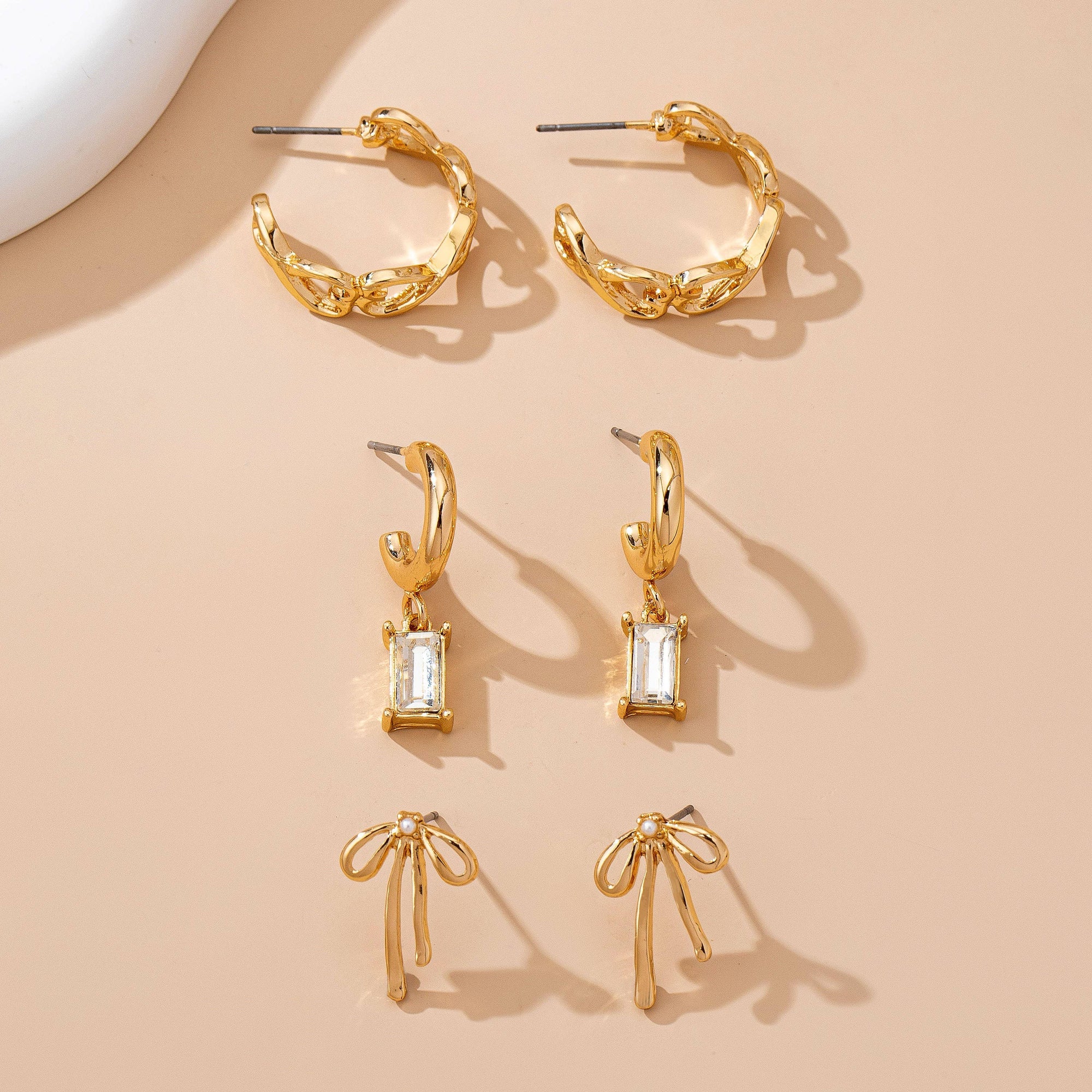 Baguette Stone Hoop, Bow Trio Earring Set | 80E61789: GOLD JOSSLYN by wall to wall 