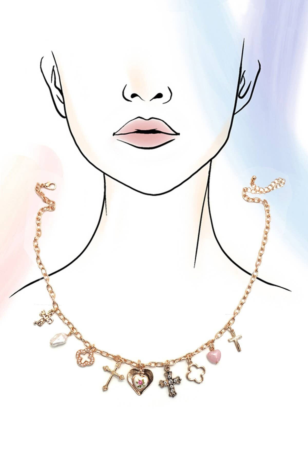 CHARM NECKLACE-CLOVER CROSS PORCELAIN FLOWER | 80N92003: GOLD JOSSLYN by wall to wall 