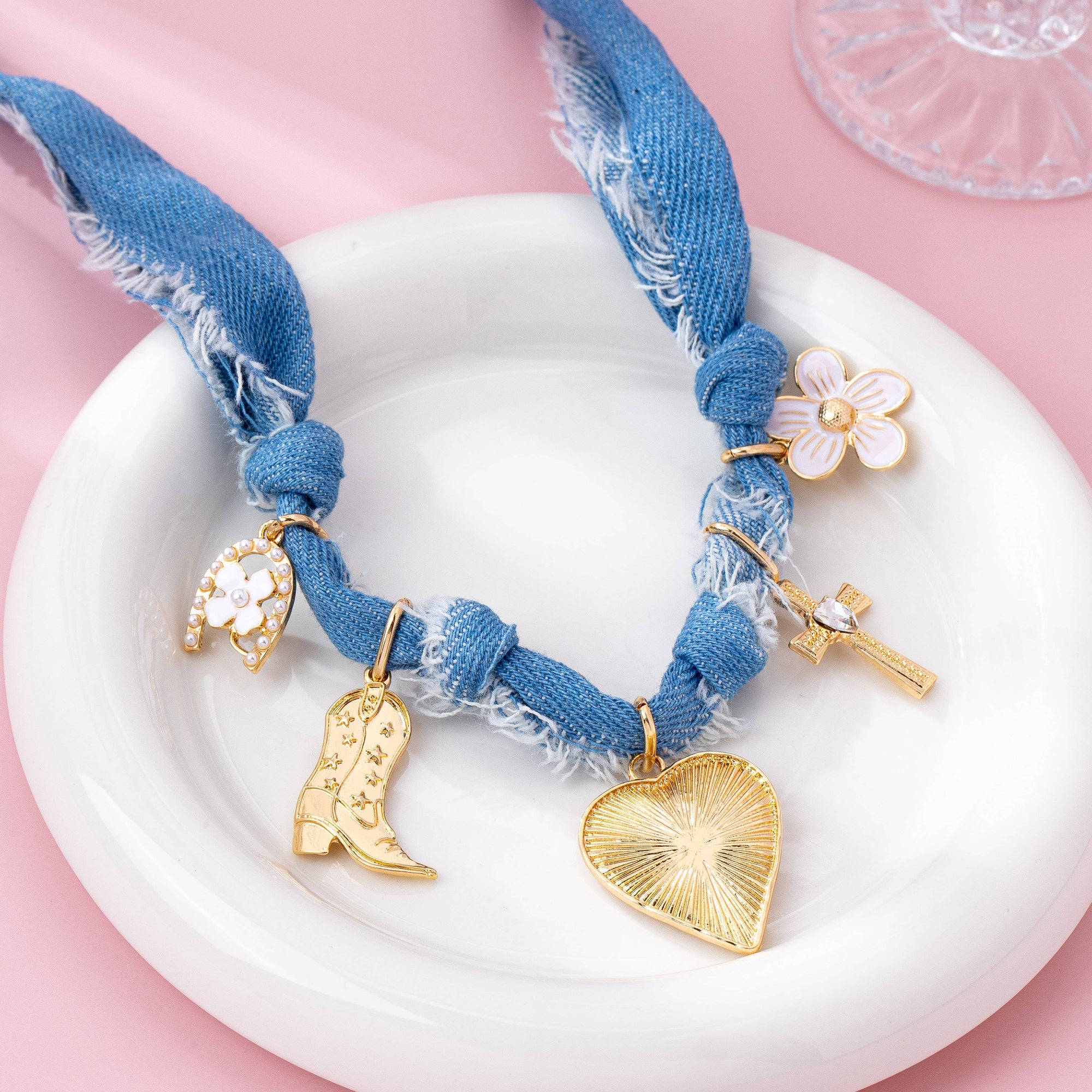 Western Denim Cowboy Boot &amp; Cross Charm Necklace | 80N92859: Gold JOSSLYN by wall to wall 