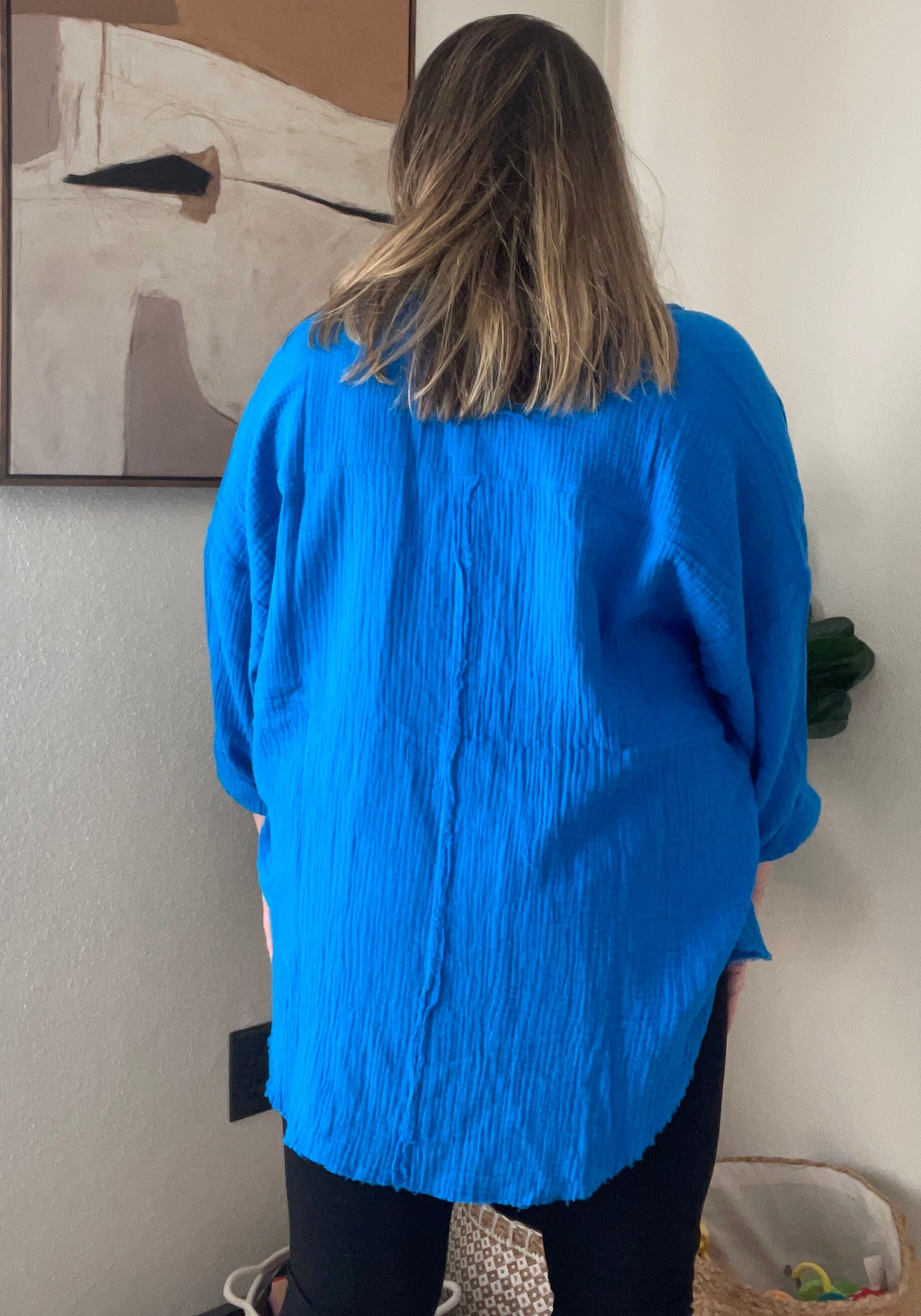 Ocean Blue Gauze Oversized Button Down Shirt Cardigan Zenana 