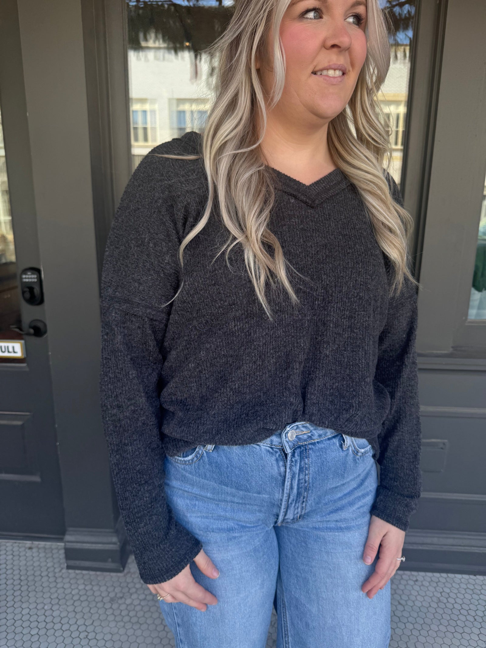 Black Ribbed V Neck Drop Shoulder Top Long sleeve Zenana 