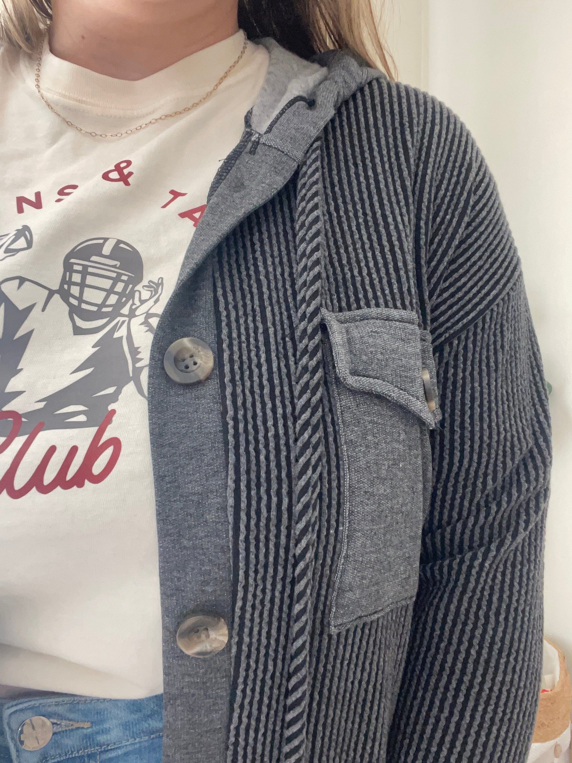 Black Ribbed Button Down Hoodie Shacket Cardigan Reborn J 