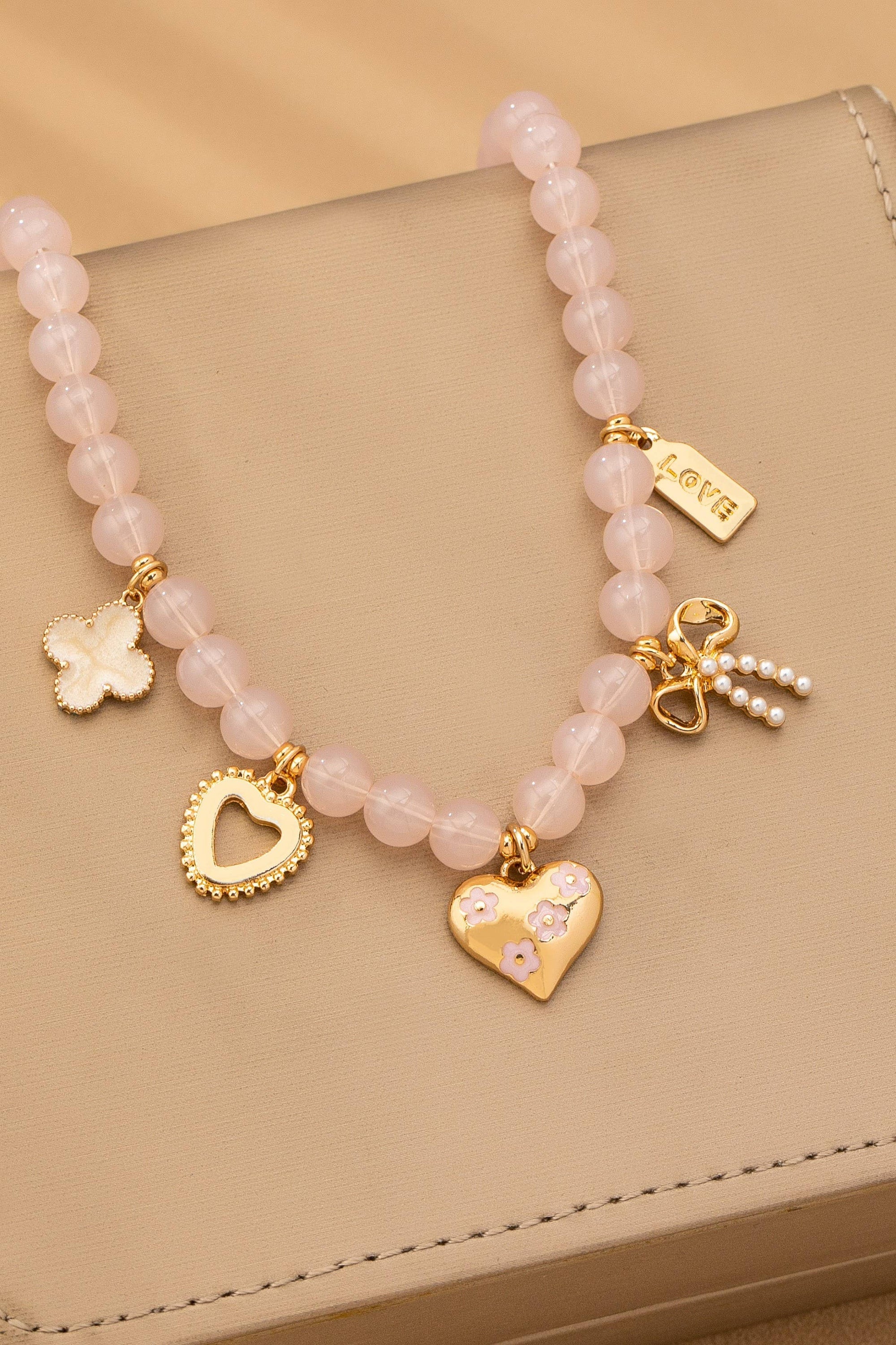 BEADED CHARM NECKLACE-HEART BOW CLOVER | 80N92632: LT PINK JOSSLYN by wall to wall 