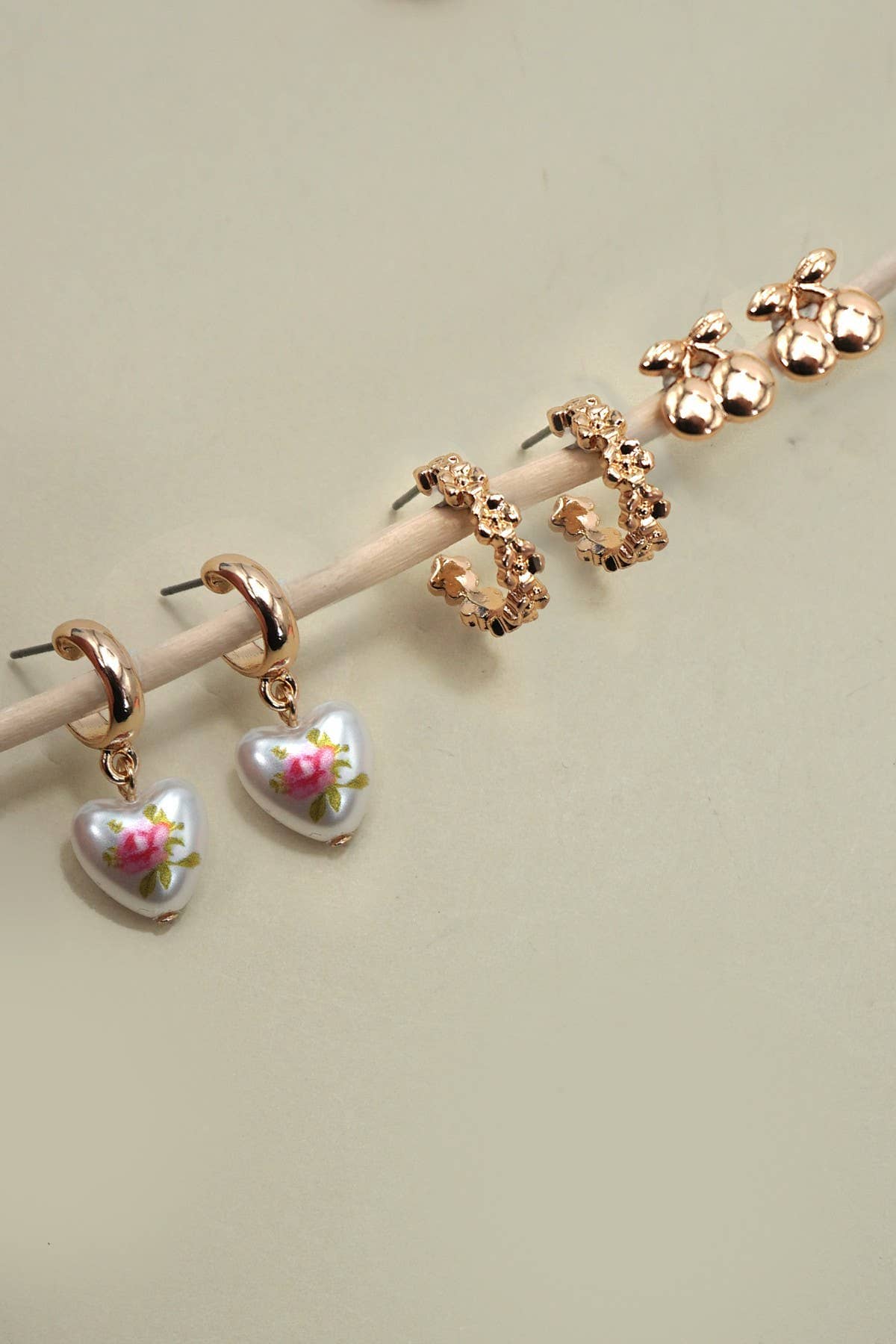 CHERRY FLORAL HOOP HEART HUGGIE TRIO EARRINGS | 80E6970: GOLD JOSSLYN by wall to wall 