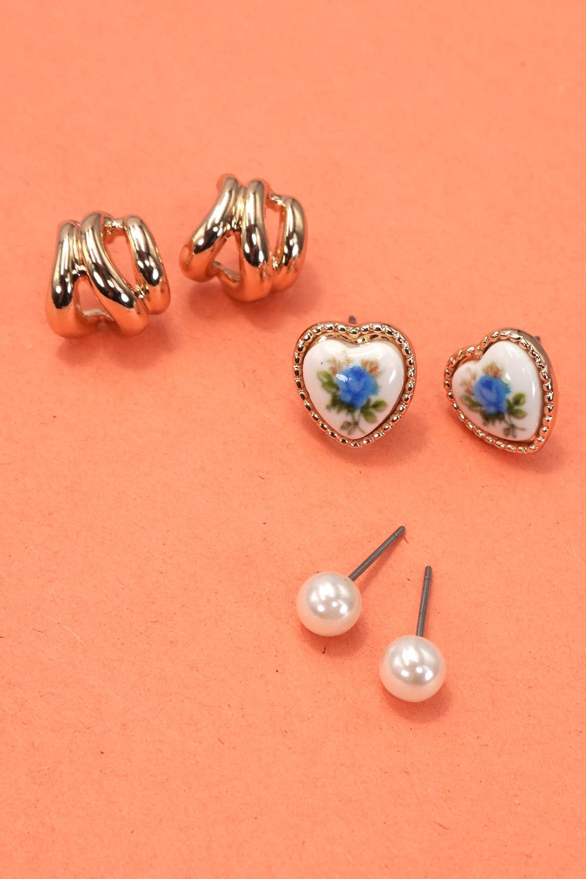 HEART FLORAL PORCELAIN STUD HOOP TRIO EARRINGS | 80E6484: GOLD JOSSLYN by wall to wall 