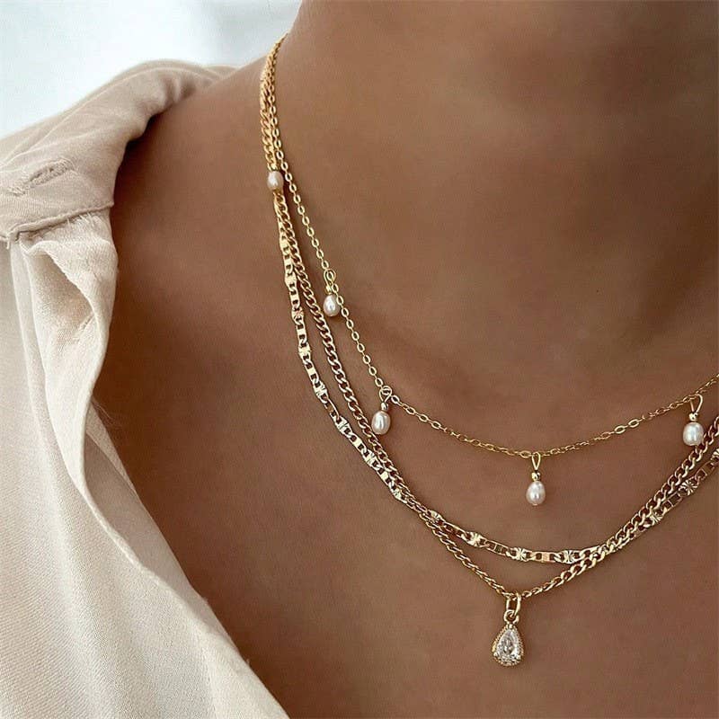 MULTI LAYER STONE CHAIN TEARDROP CHARM NECKLACE | 40NK9637: GOLD JOSSLYN by wall to wall 