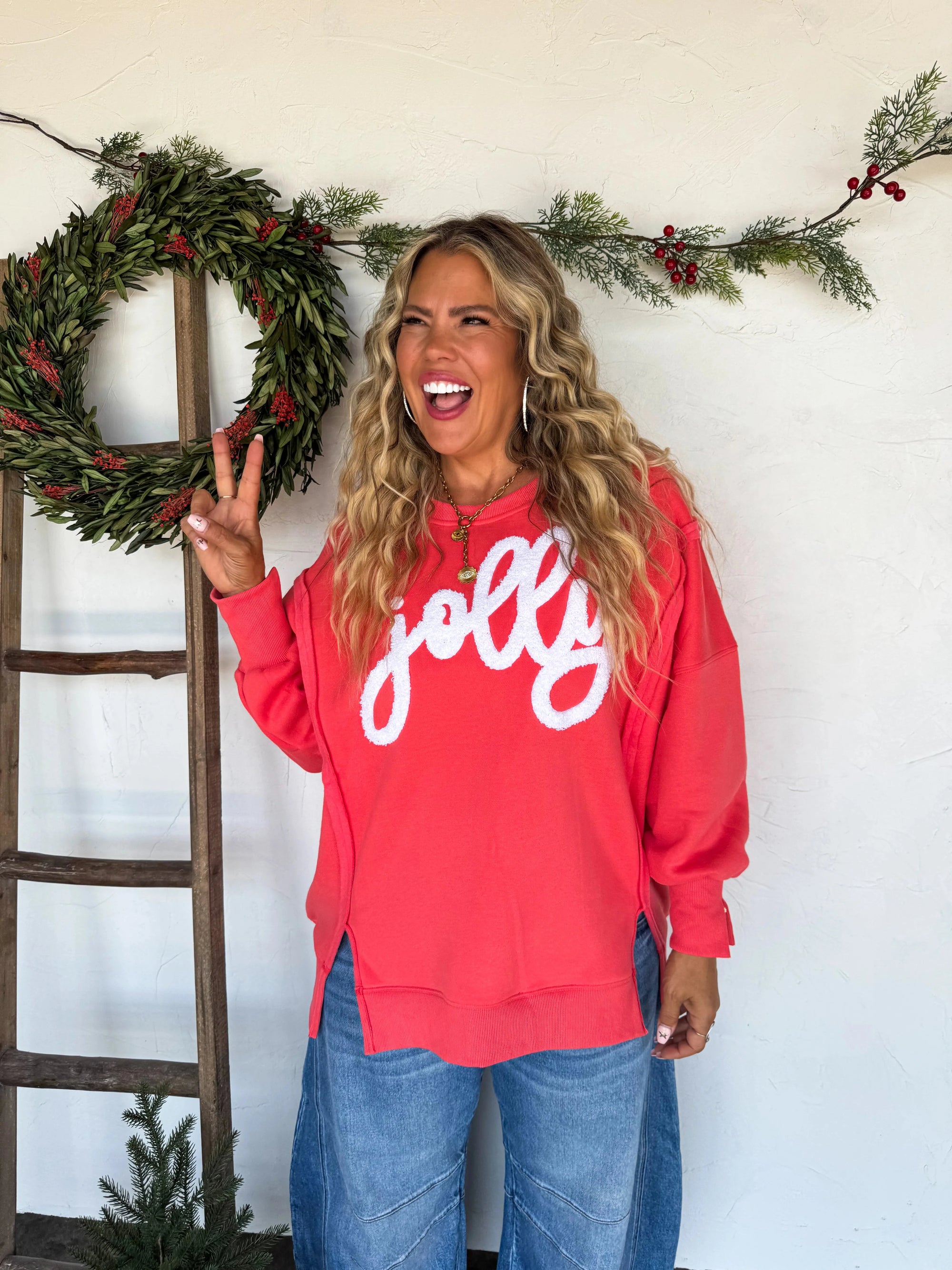 Jolly Red Oversized Side Slit Crewneck Sweatshirt Long sleeve Blakely 