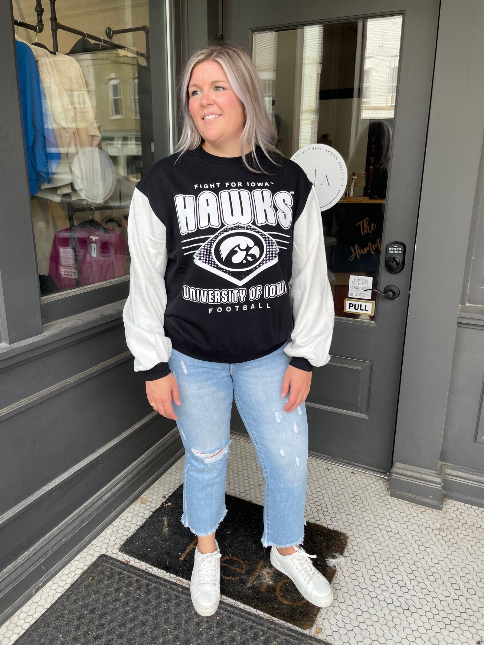 Iowa Hawkeyes Black and White Crewneck Sweatshirt The Humming Arrow Boutique 