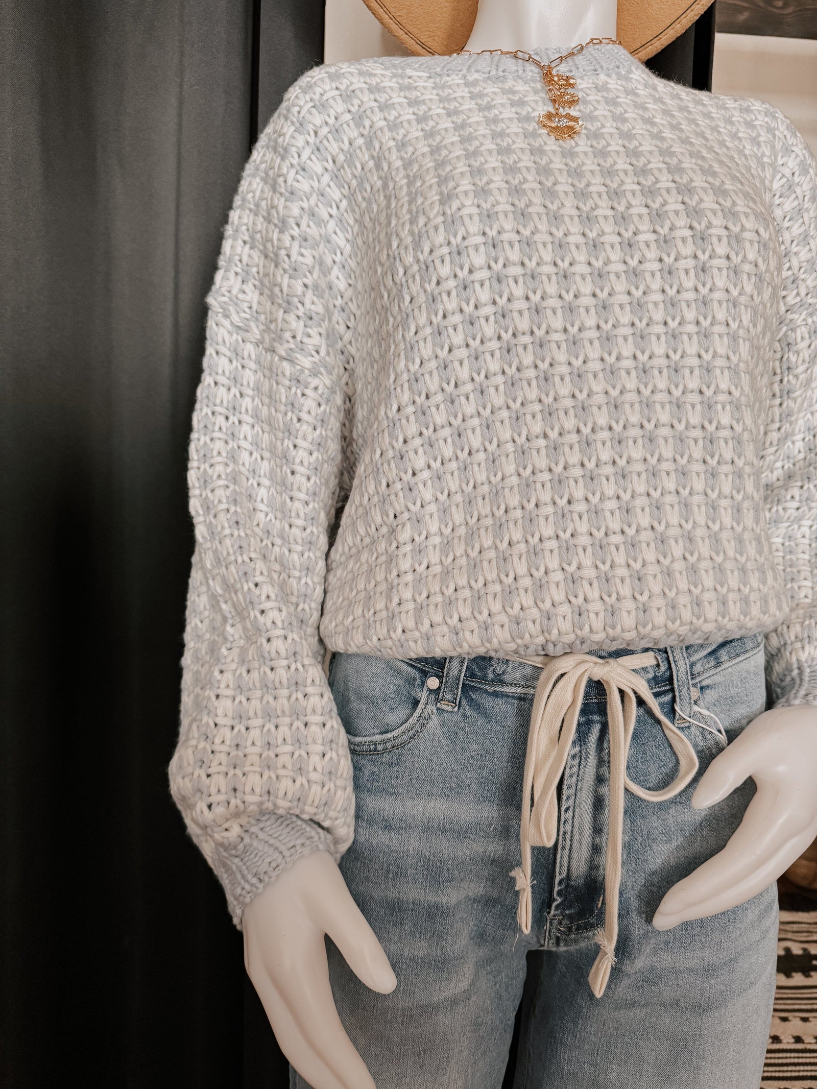 Light Blue and Ivory Textured Two Tone Long Sleeve Sweater Long sleeve so me 