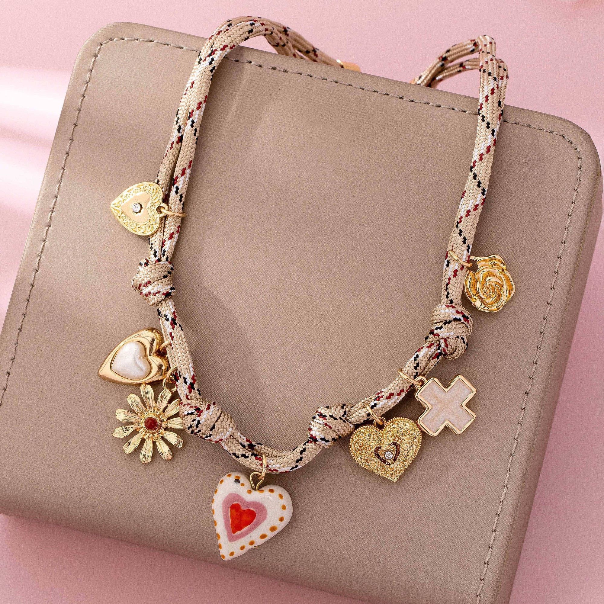 Ivory &amp; Red cord Multi-Charm Boho Necklace | 80N92742: GOLD JOSSLYN by wall to wall 